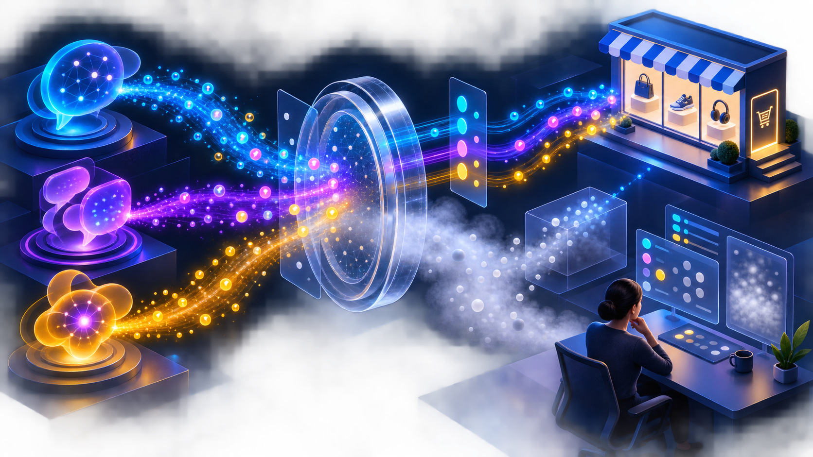 An analyst watches glowing visit streams pass from abstract AI conversation portals through an attribution lens to an online store.