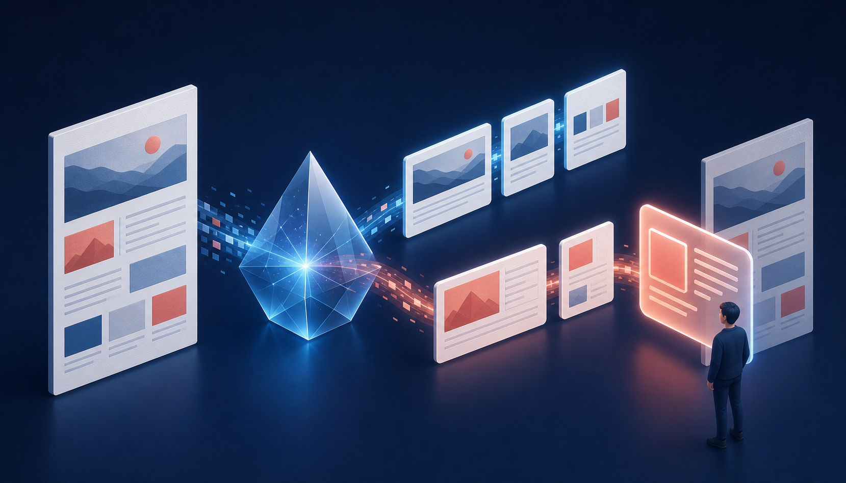 Editorial illustration of a structured source page passing through a translucent AI prism and reaching a person as several condensed answer formats.