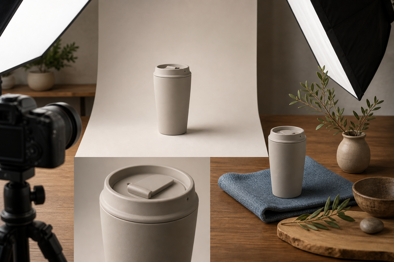 An unbranded travel cup is photographed from multiple angles in a tabletop studio with a camera and soft lighting.