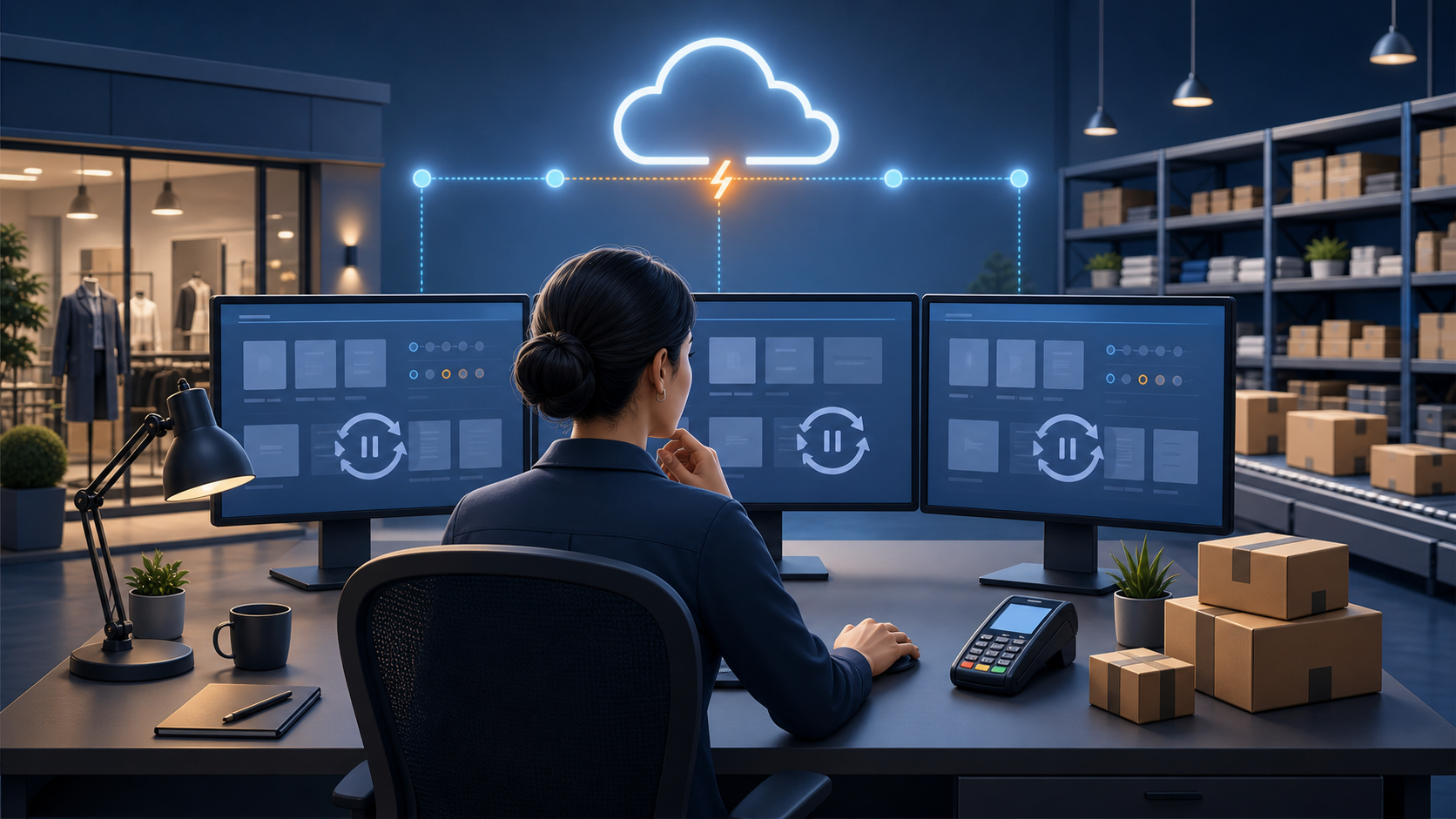 An ecommerce operations manager monitors an interrupted product-data connection while the store, inventory, payments, and deliveries continue operating in the background.