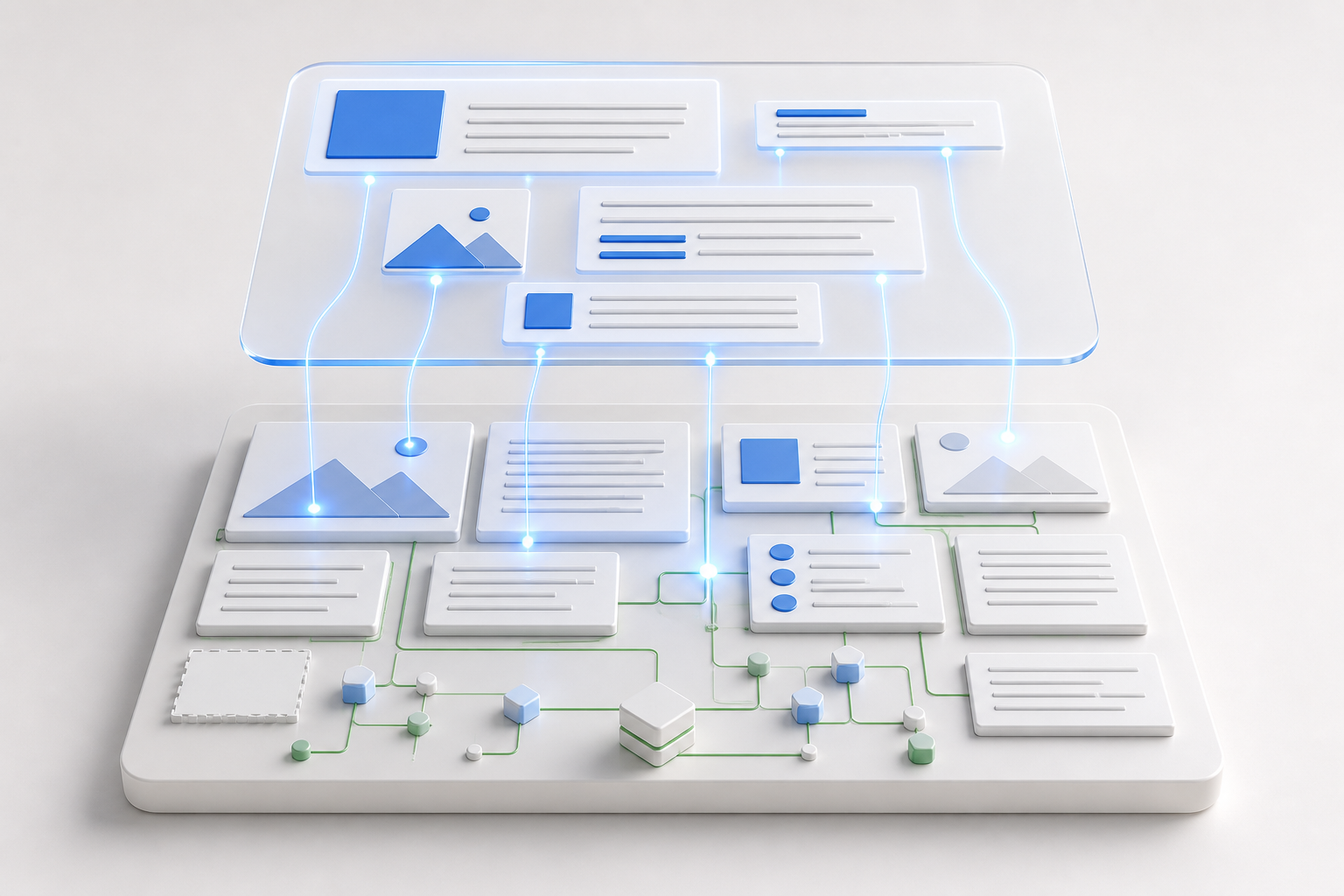 Two-layer content system with a detailed source page below and a compact AI-generated answer connected to selected source modules above.