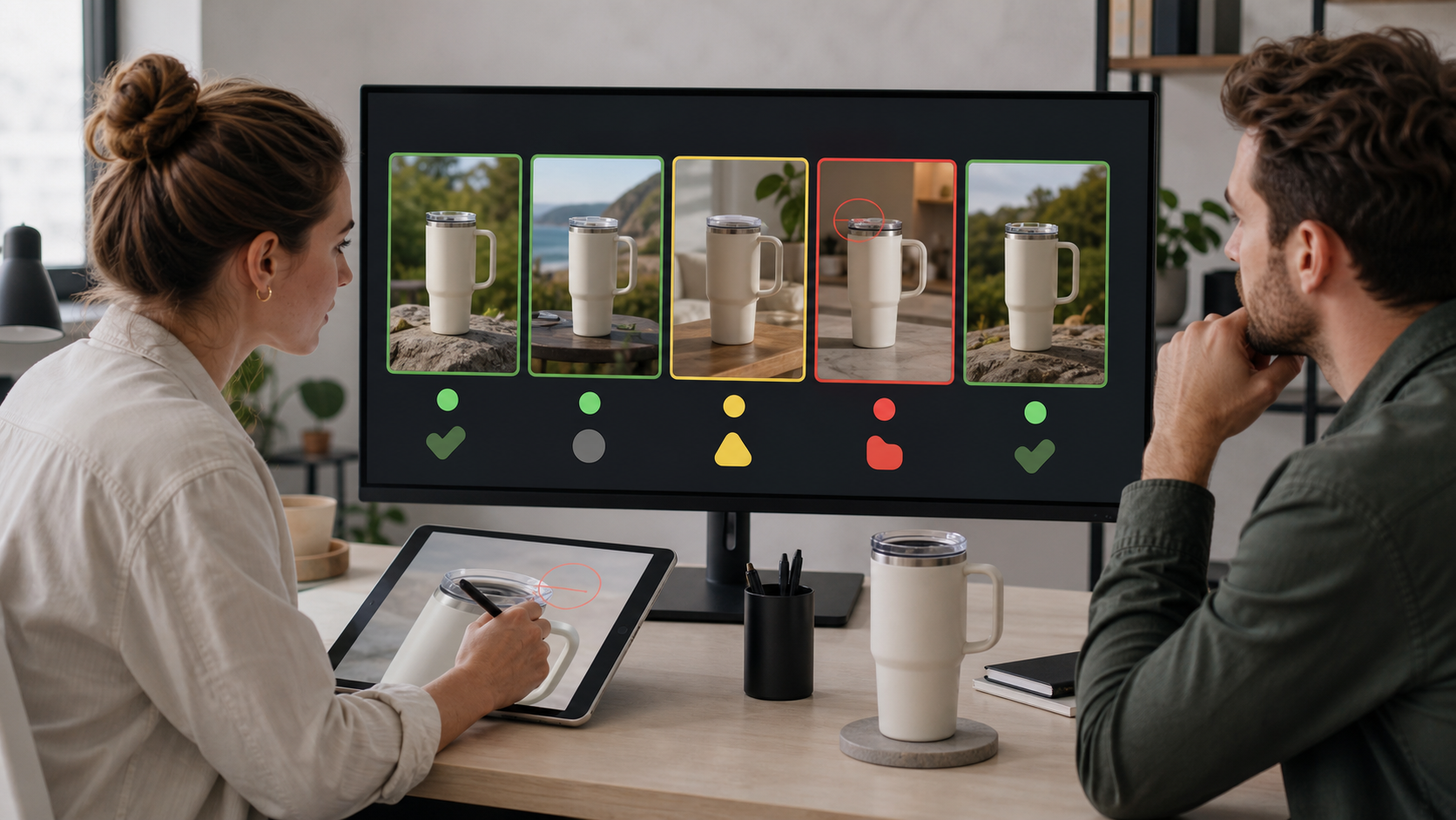 Two creative team members compare generated product-video frames and inspect them for visual inconsistencies against a physical travel cup.