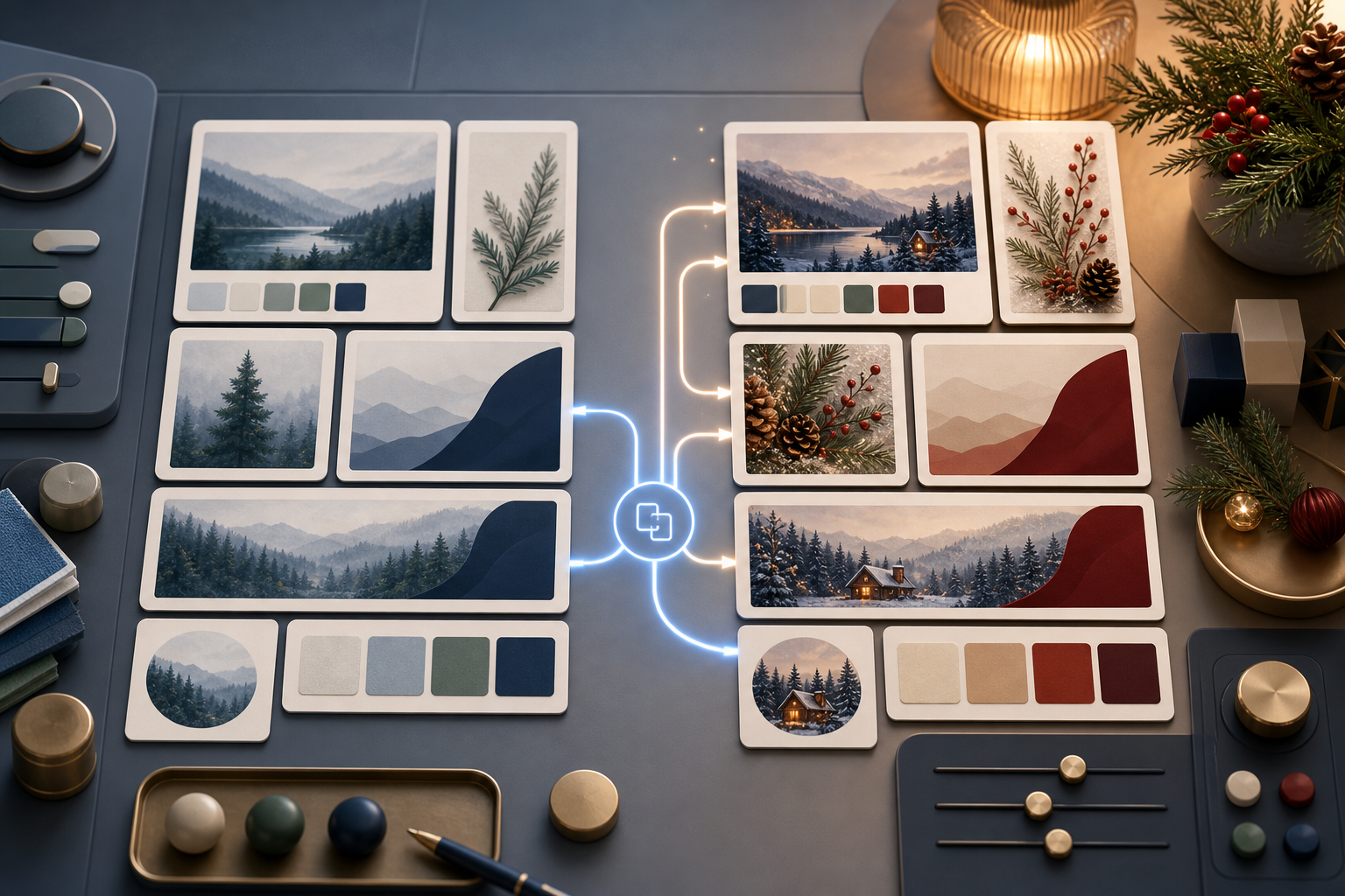 A digital advertising workspace shows an evergreen collection of creative assets beside a coordinated seasonal copy, with the original set left intact.