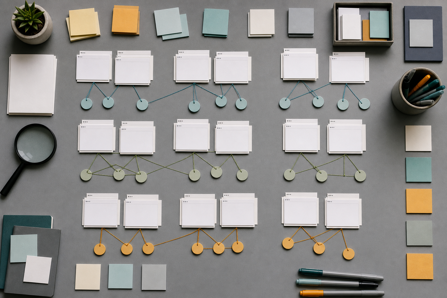 Blank web page cards and search tokens are grouped and connected with colored threads on an evidence-mapping workspace.