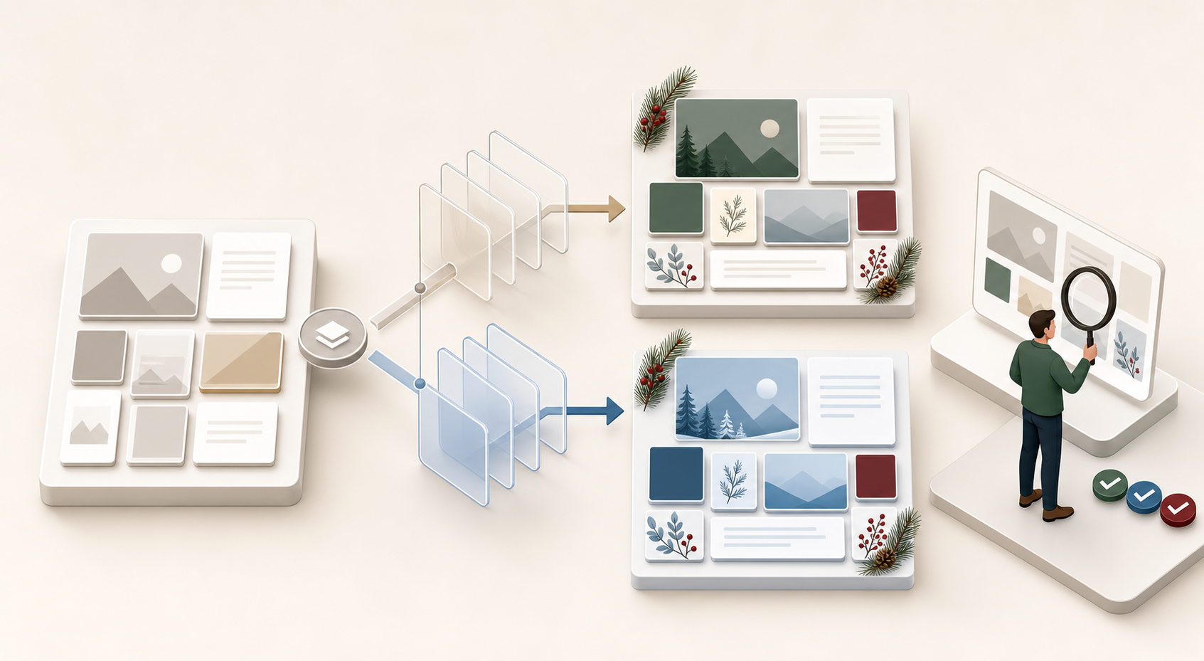 An abstract workflow shows a proven advertising asset group being duplicated, seasonally restyled, and sent for human review.