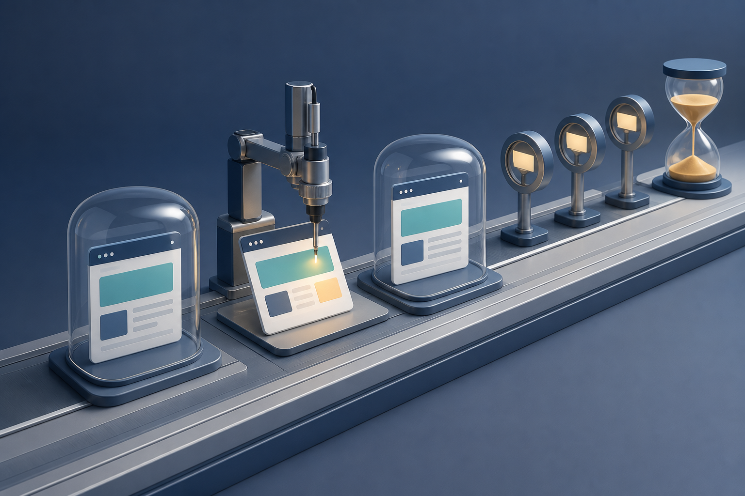 One generic web page panel is adjusted in a controlled testing lane while two unchanged panels remain covered for comparison.