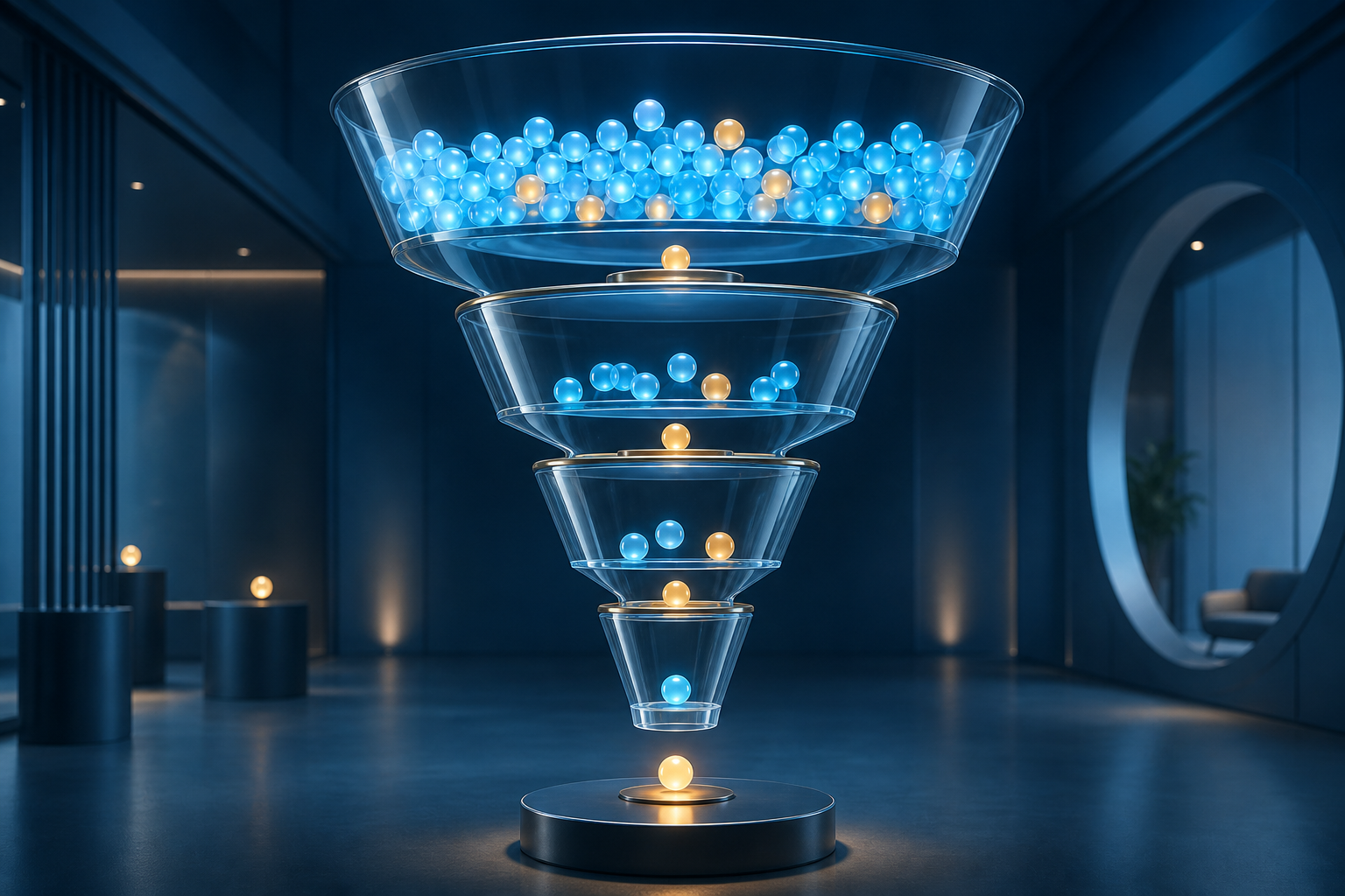 A transparent multi-stage funnel shows glowing tokens moving through narrowing gates, with fewer tokens continuing at each stage.