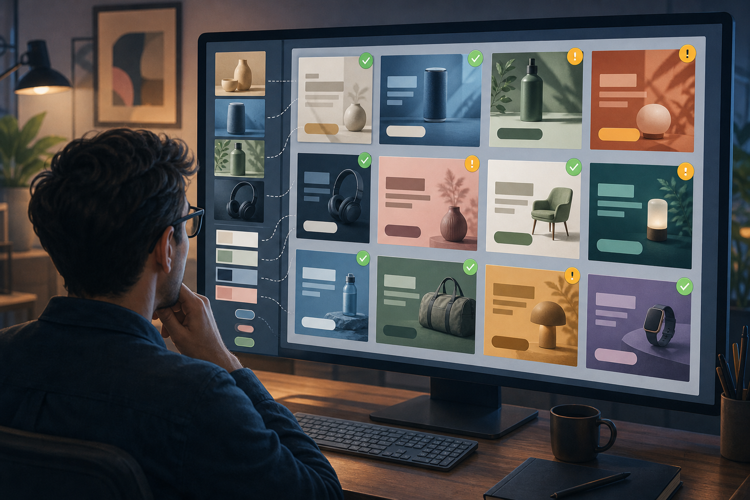 A reviewer compares a grid of assembled ad variations while individual image and copy components appear in a separate asset tray.