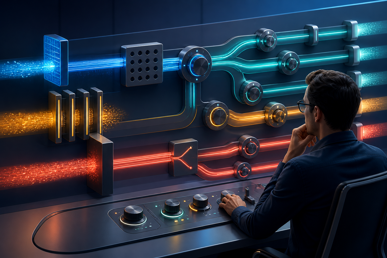 A marketer supervises colored streams of light moving through gates, filters, and adjustable controls in an automated advertising system.