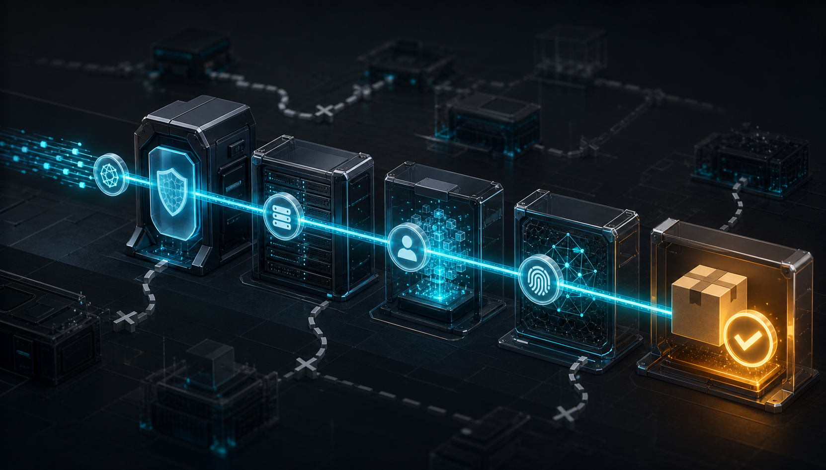 A continuous glowing trail links an incoming machine request to a gateway, server records, an action event, and a completed purchase.