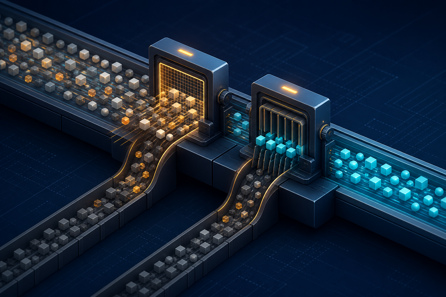 Geometric traffic signals pass through two filters while unwanted signals are diverted into a separate channel.