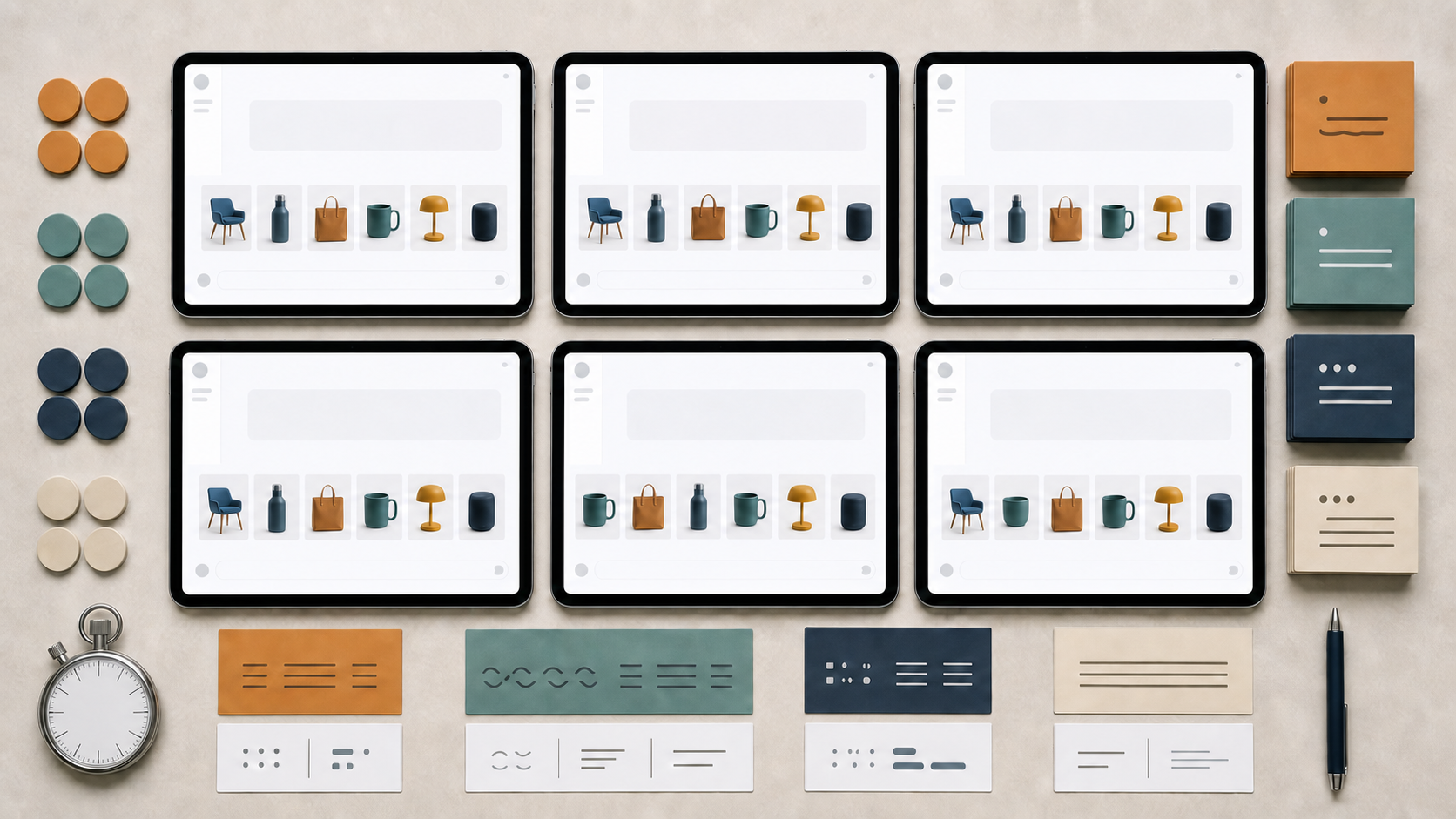 Several tablets display the same generic products in different orders within a neatly organized testing workspace.