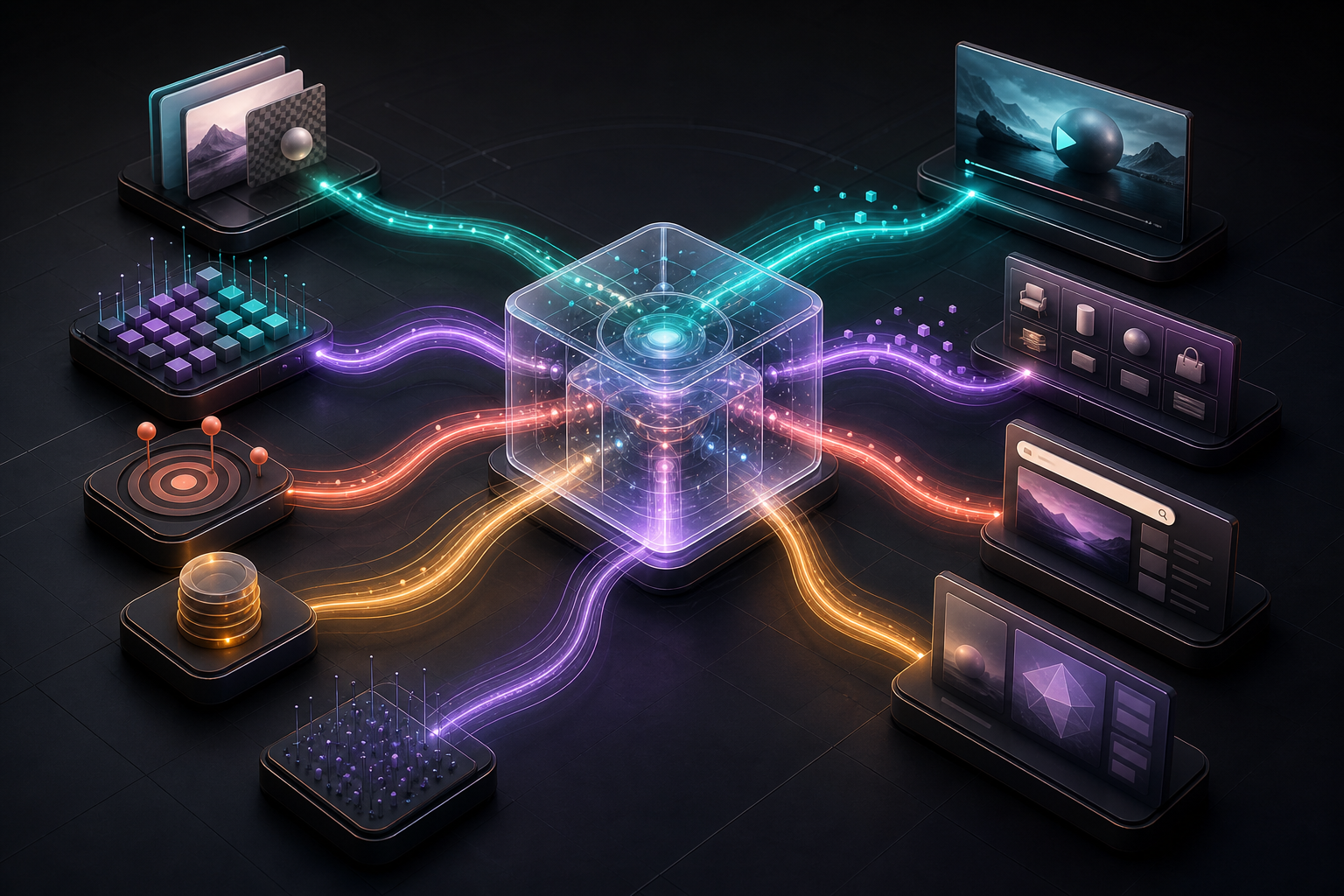 Creative, product, goal, budget, and bidding modules feed a central routing system that distributes light across several advertising channels.