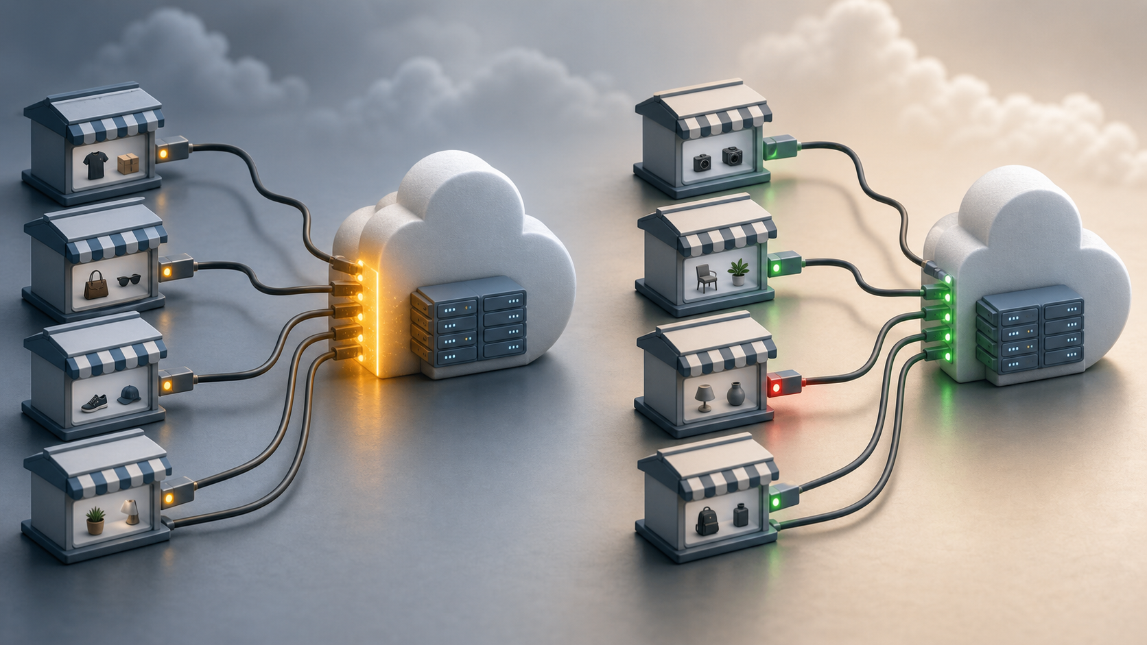 A split illustration shows multiple shops blocked by one shared cloud outage on the left and one shop with an isolated feed connection problem on the right.