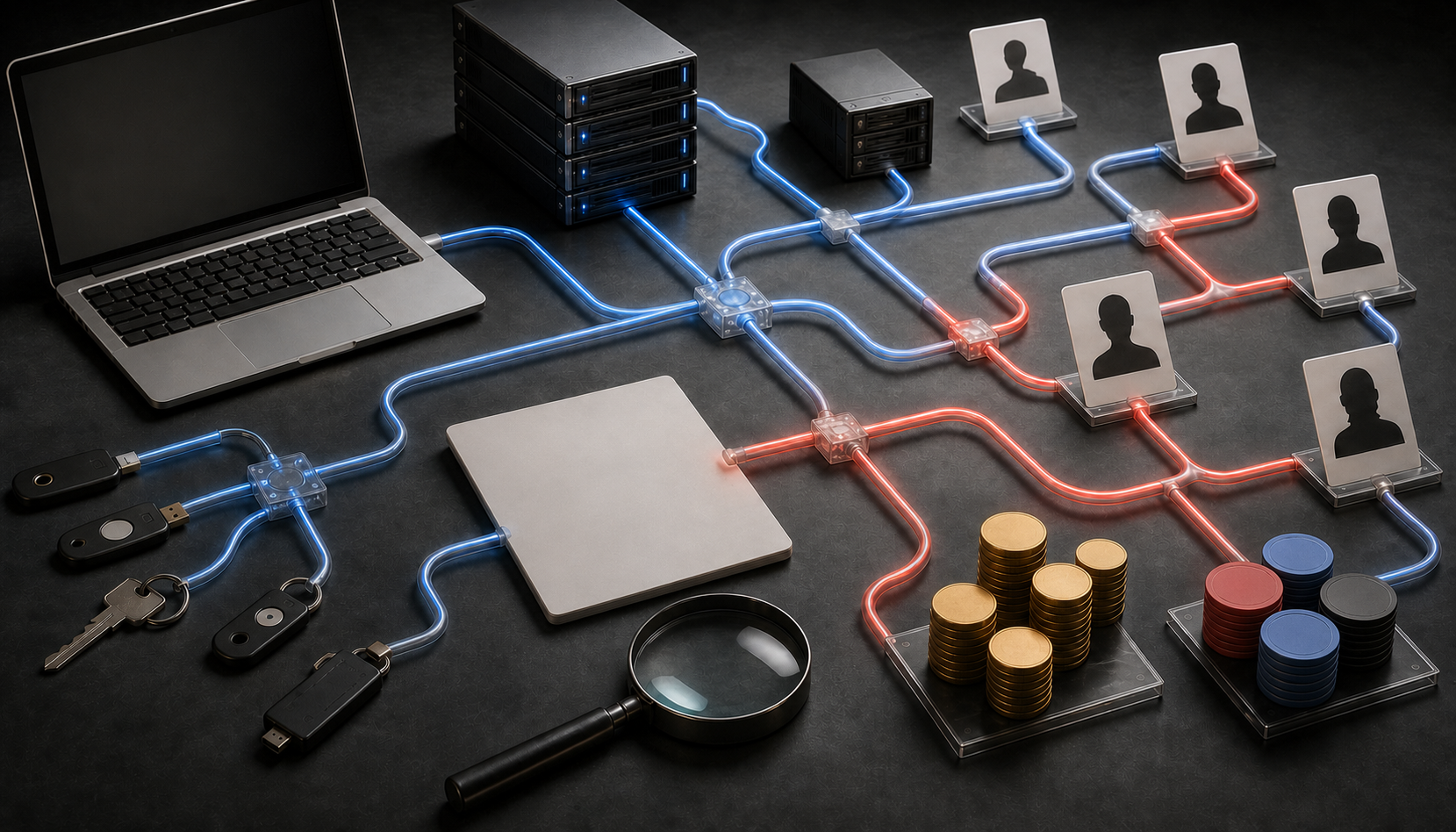 Evidence table with a laptop, servers, access tokens, profile cards, casino chips, coins, and branching pathways under a magnifying lens.