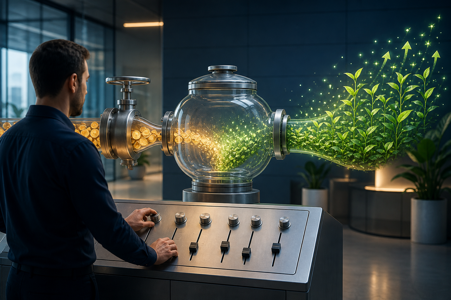 A marketing operator adjusts a control console that balances a flow of coins with growing green shoots.
