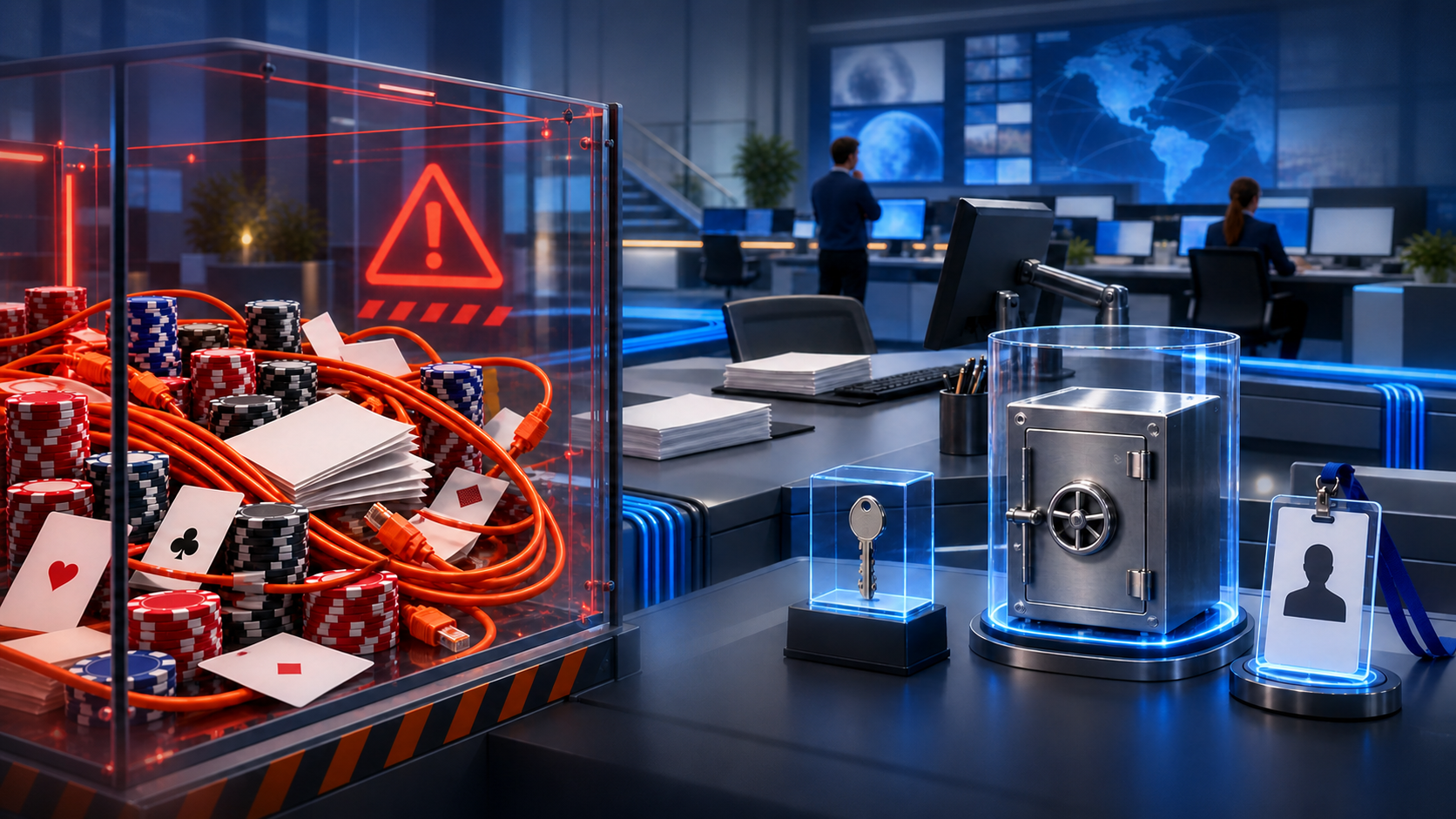 News operations room with casino-related materials and cables isolated behind a transparent barrier beside locked access, payment, and identity controls.