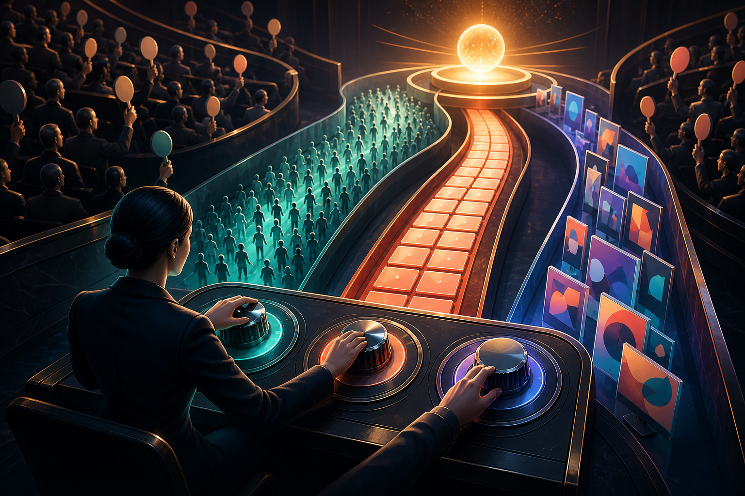 A marketing operator adjusts audience, timing, and creative controls beside a crowded stylized advertising auction.