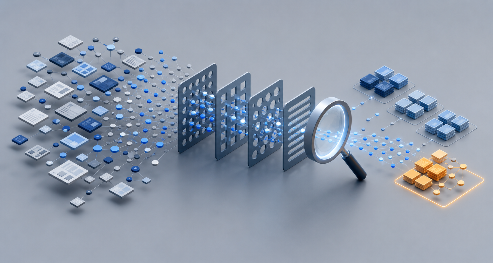 Abstract filters and a magnifying lens isolate a small amber cluster of affected pages and query nodes from a larger blue system.