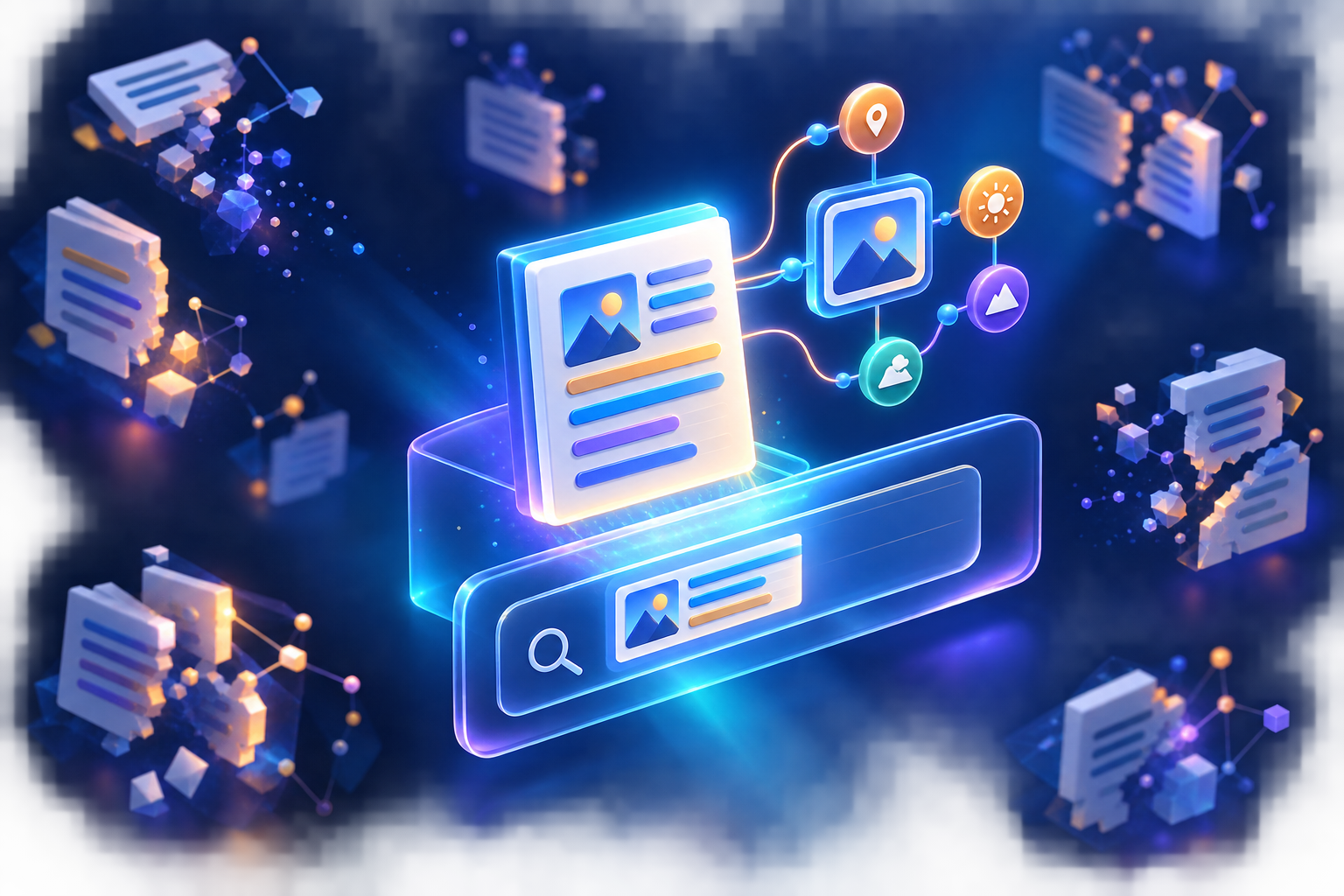 A luminous modular document sends one intact passage block with connected subject and attribute symbols into a transparent search interface while fragmented blocks fade nearby.