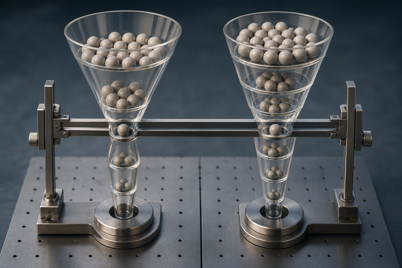 Two transparent funnels with different structures are aligned at one matching stage by a precision measuring frame.