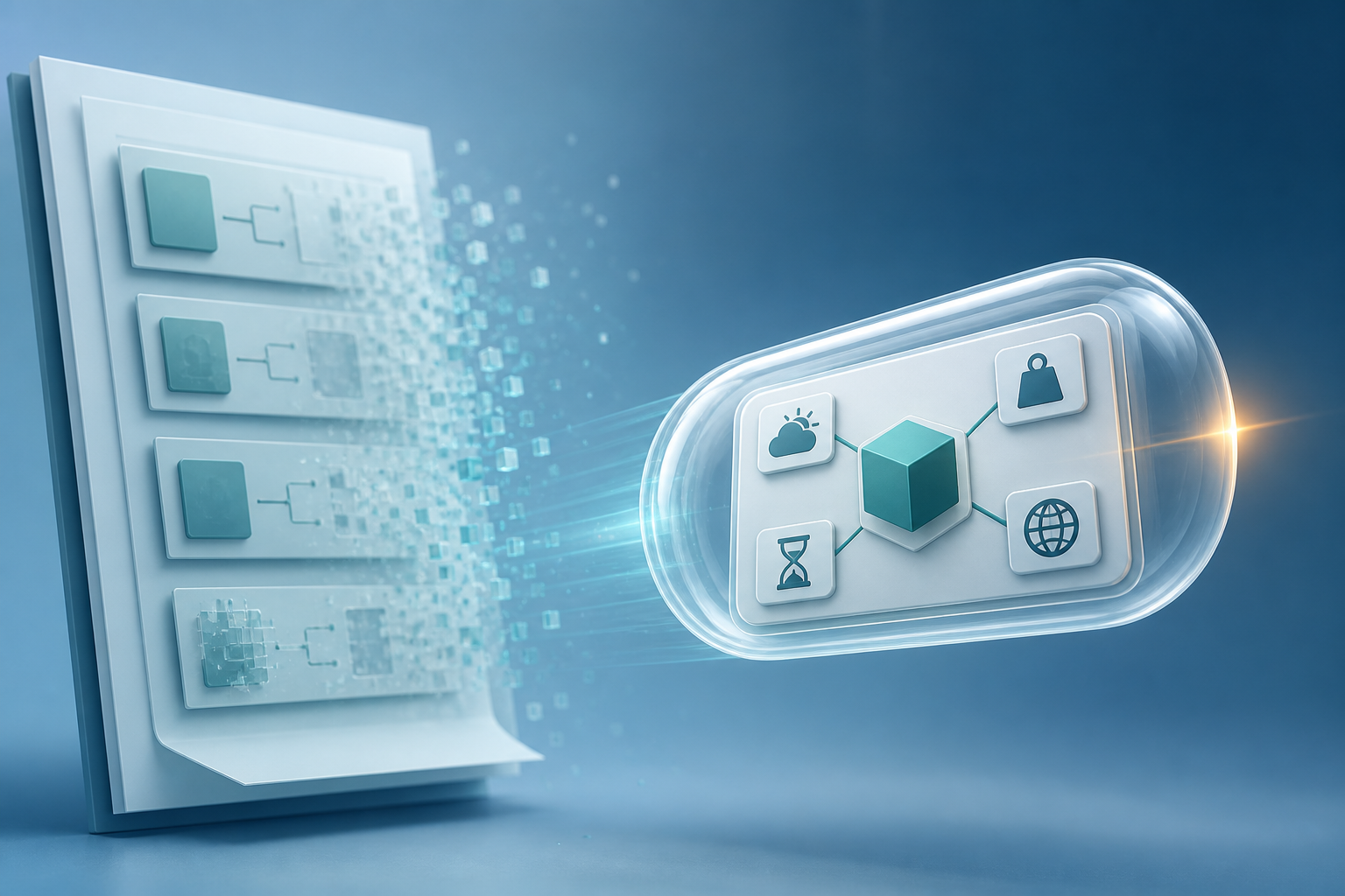 A complete information module and its linked condition, unit, time, and source symbols travel together inside a transparent capsule as incomplete fragments dissolve behind it.