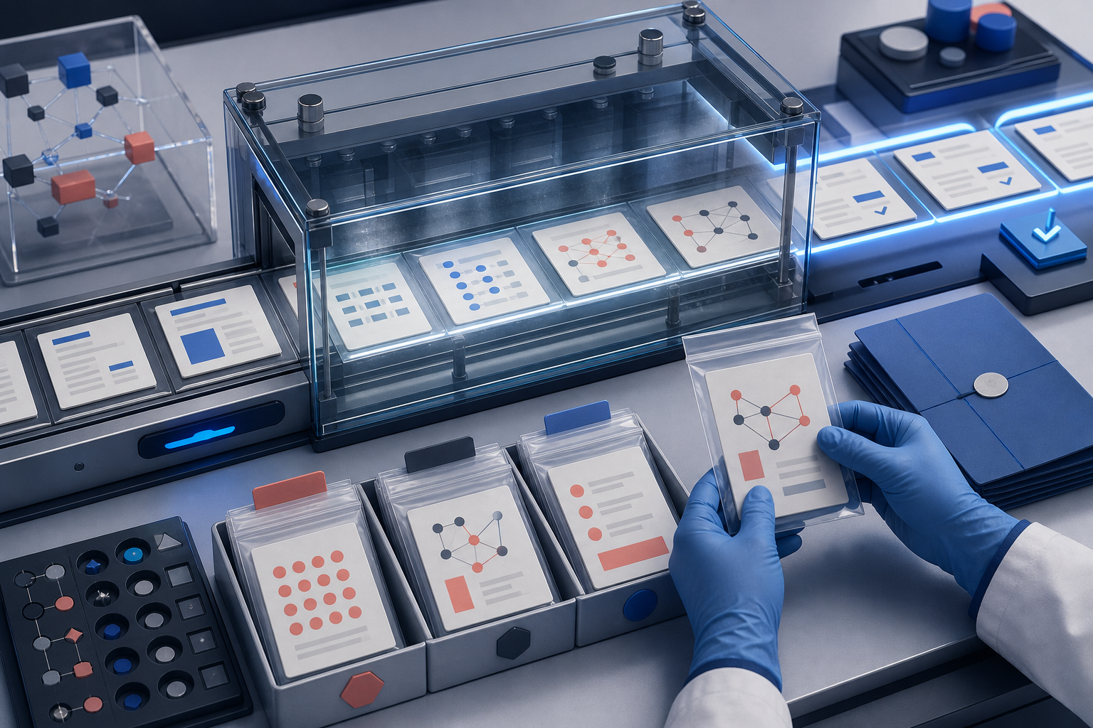 An analyst sorts abstract website pages and suspicious link patterns into evidence folders during a digital policy inspection.