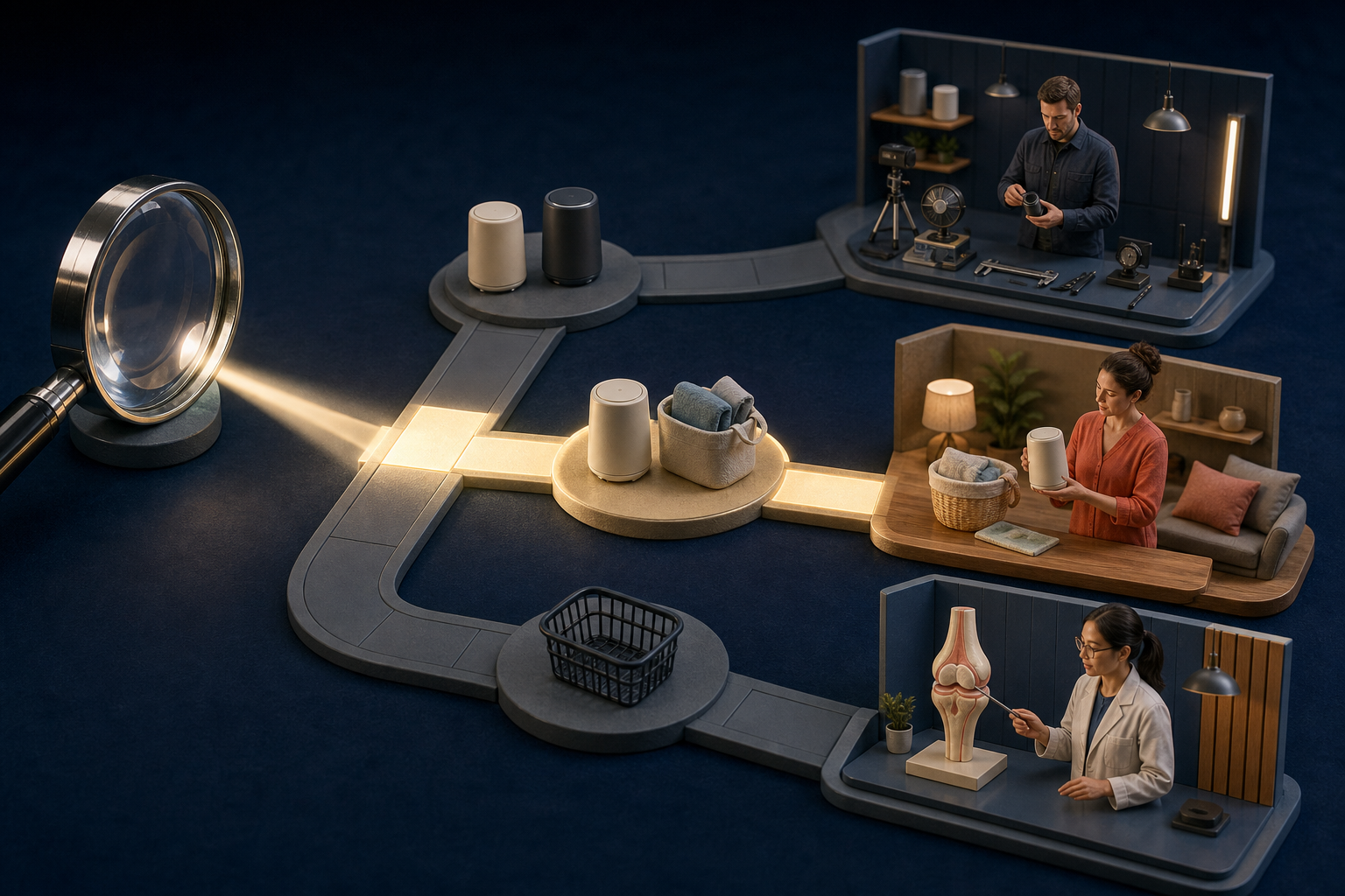 A magnifying lens, branching paths, product decision objects, and three miniature creator studios illustrate matching a search need to a creator.