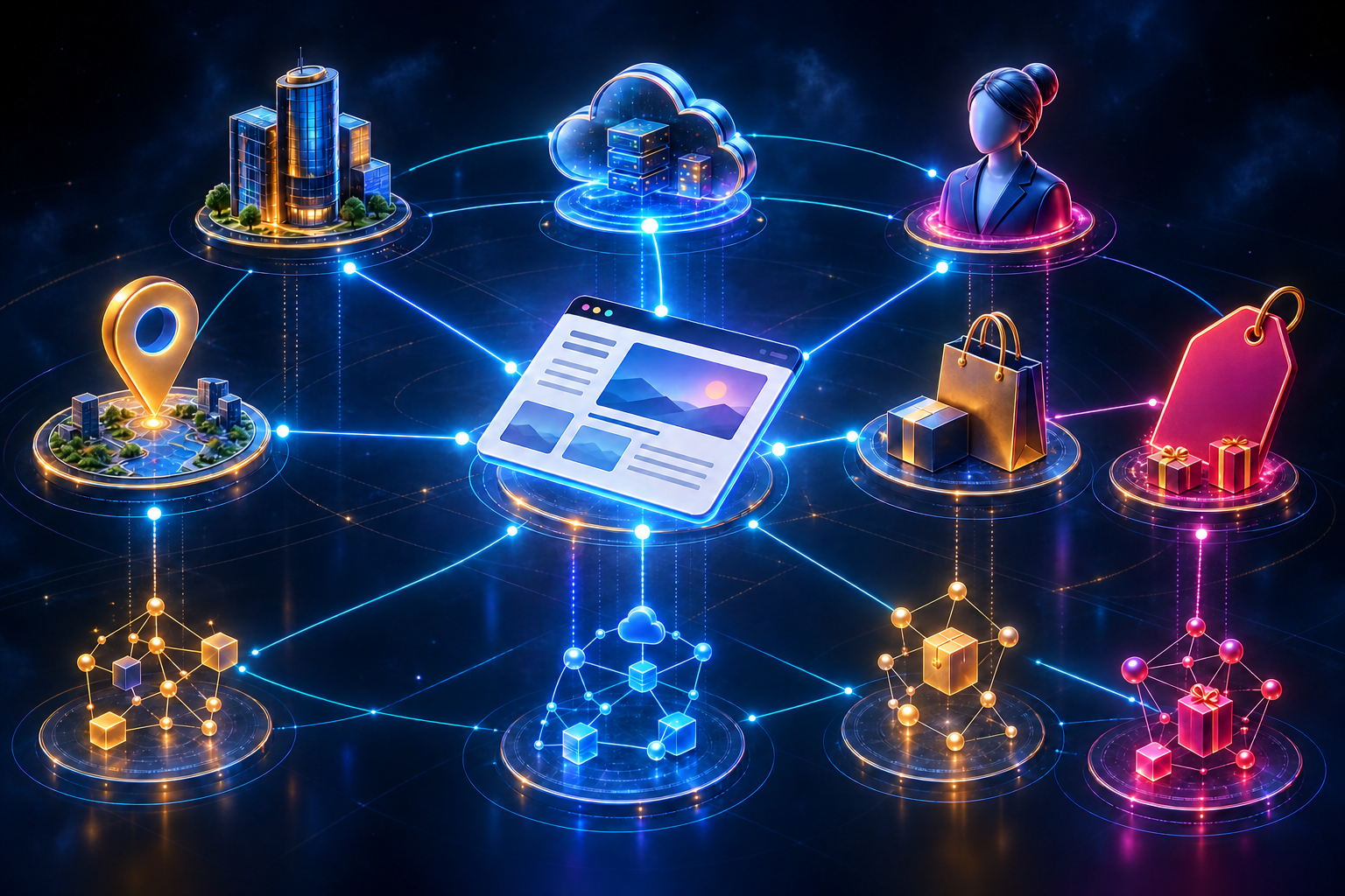 A webpage plane connects to several symbolic entities, with a matching layer of structured-data nodes aligned beneath the same network.