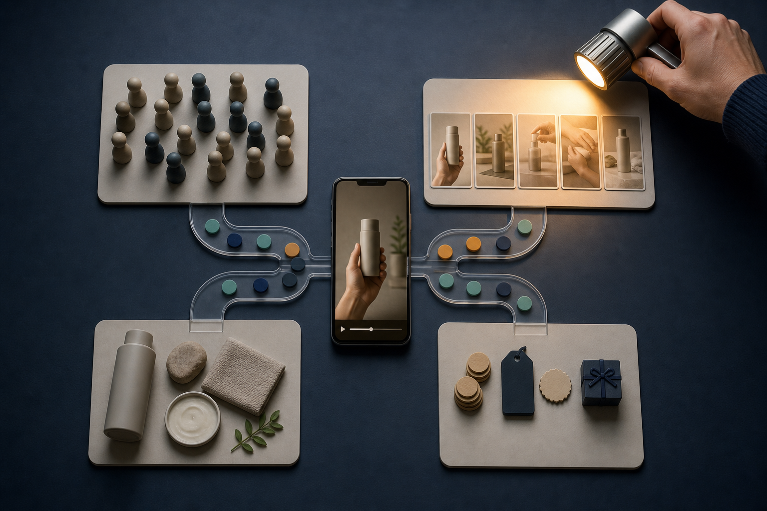 An overhead analysis table shows a smartphone ad surrounded by audience figures, video thumbnails, product props, and delivery tokens while a hand focuses a spotlight on one area.