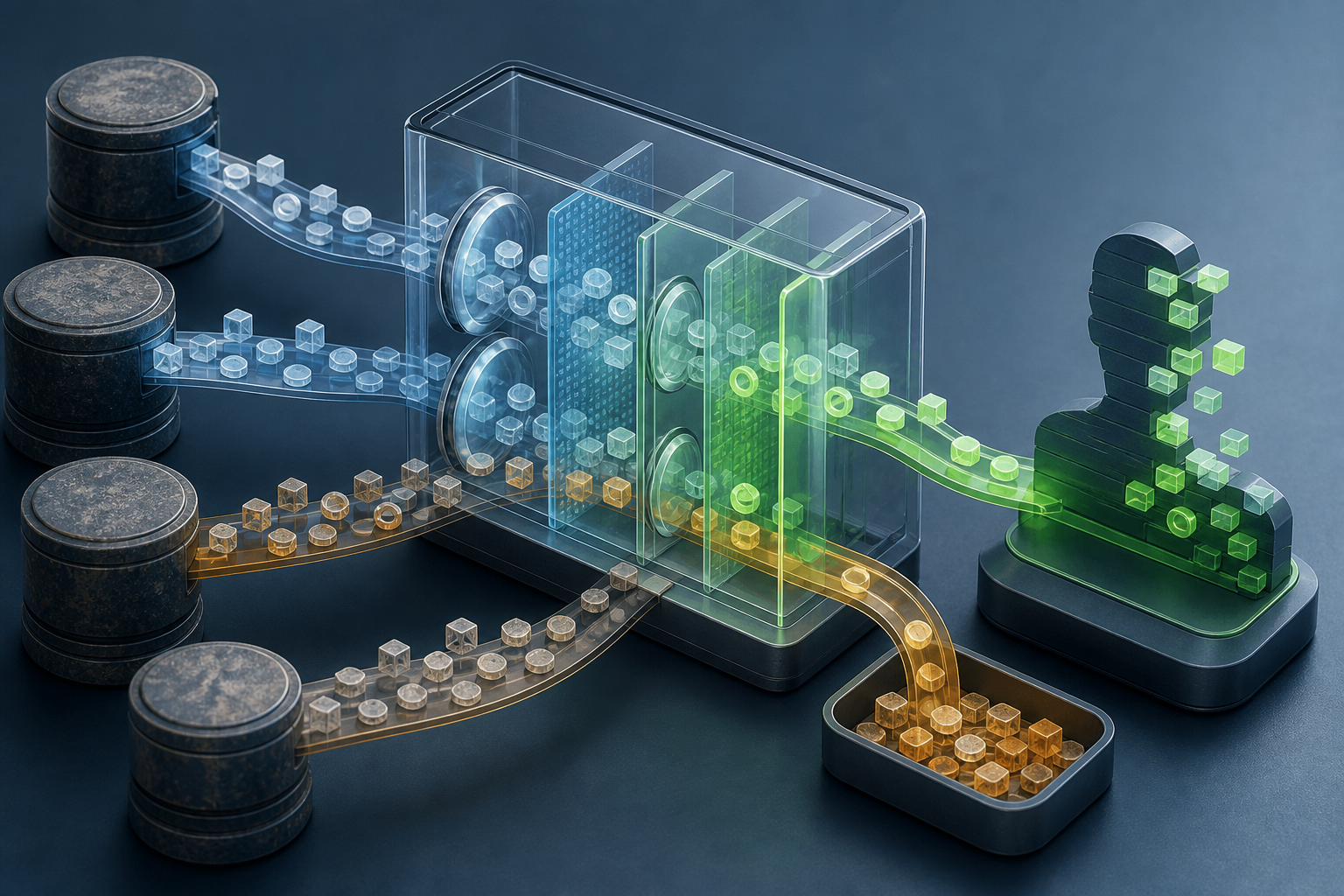 Abstract customer data passes through transparent filters that separate uncertain historical signals from verified current signals before forming an incomplete profile.