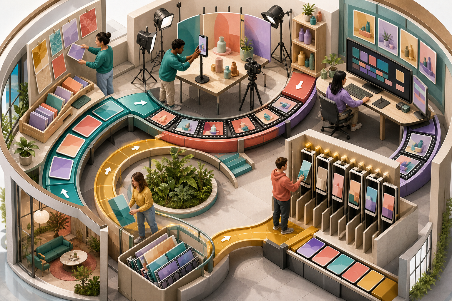 An isometric miniature studio shows a team moving short-form video ideas through filming, modular editing, organized testing, and a loop back into the next production cycle.
