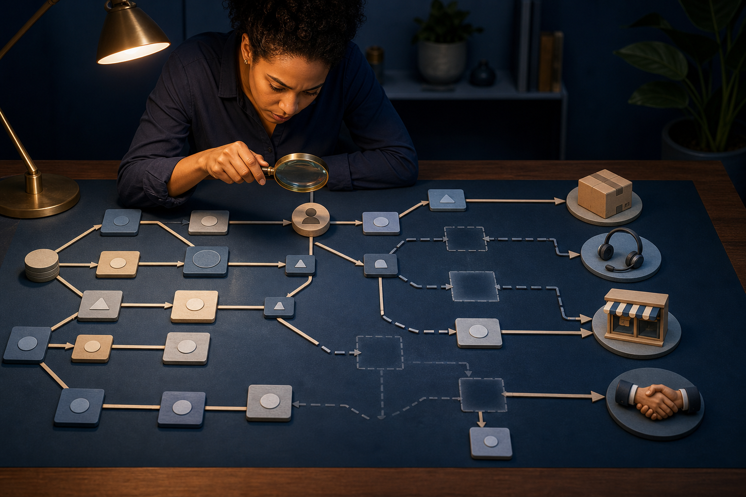 An analyst inspects broken and intact paths connecting abstract customer data tiles to marketing, delivery, support, and retention decisions.