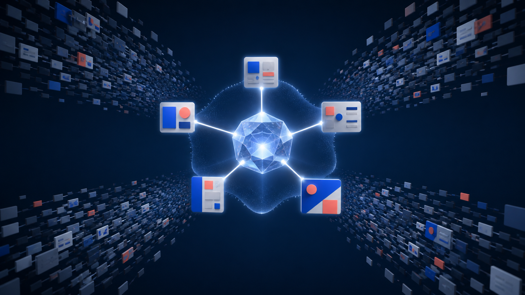 Abstract webpage tiles flow through a glowing glass core toward a small group of illuminated source cards, one linked by a consistent cobalt-and-coral symbol.