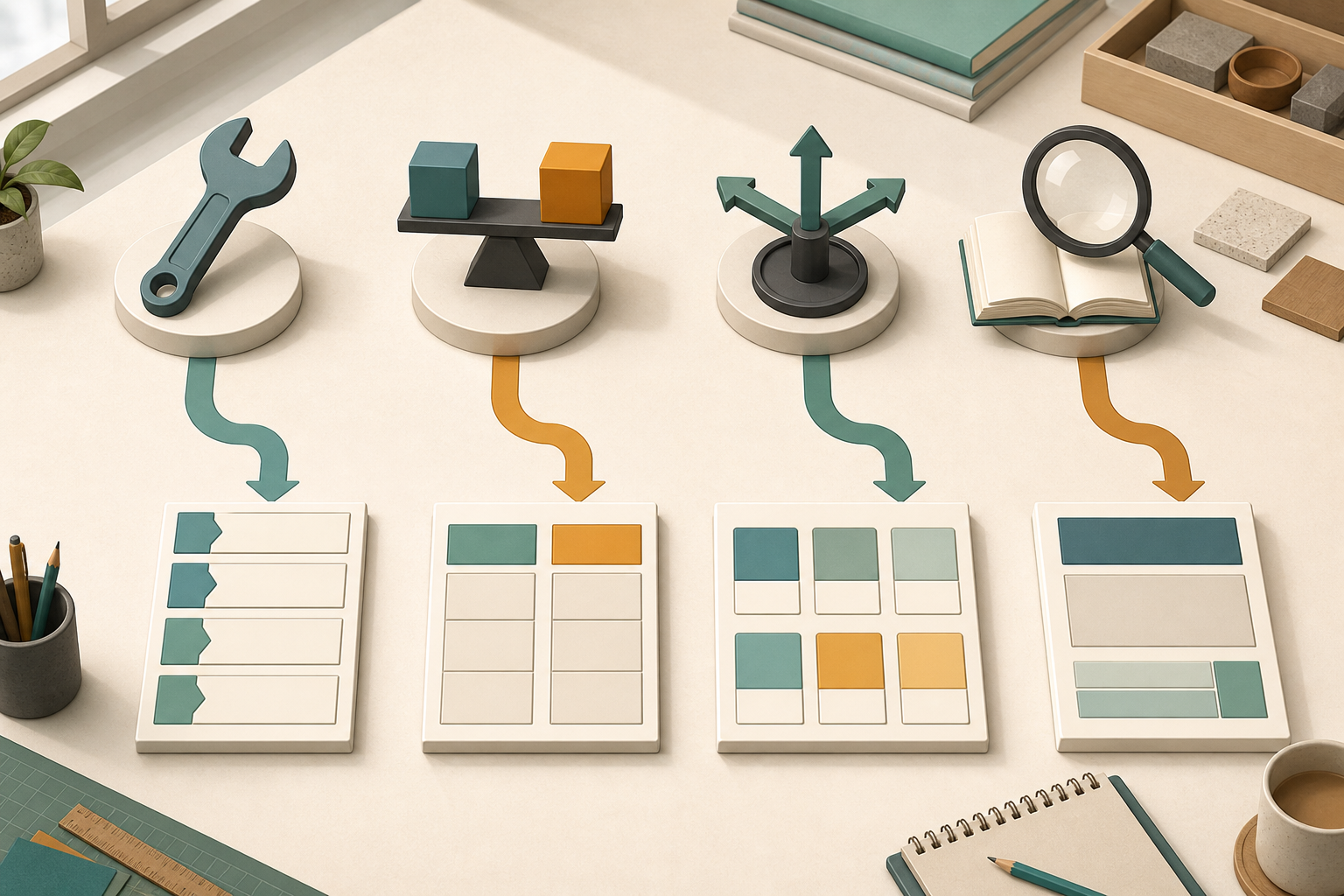Four symbolic user tasks lead to different blank page layouts for instructions, comparison, category selection, and explanation.