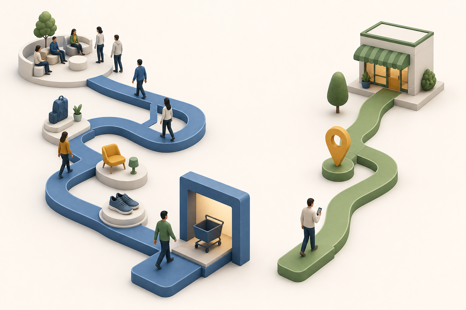 Two contrasting customer paths show online shoppers moving from a discussion to checkout and a mobile user following a map route to a storefront.