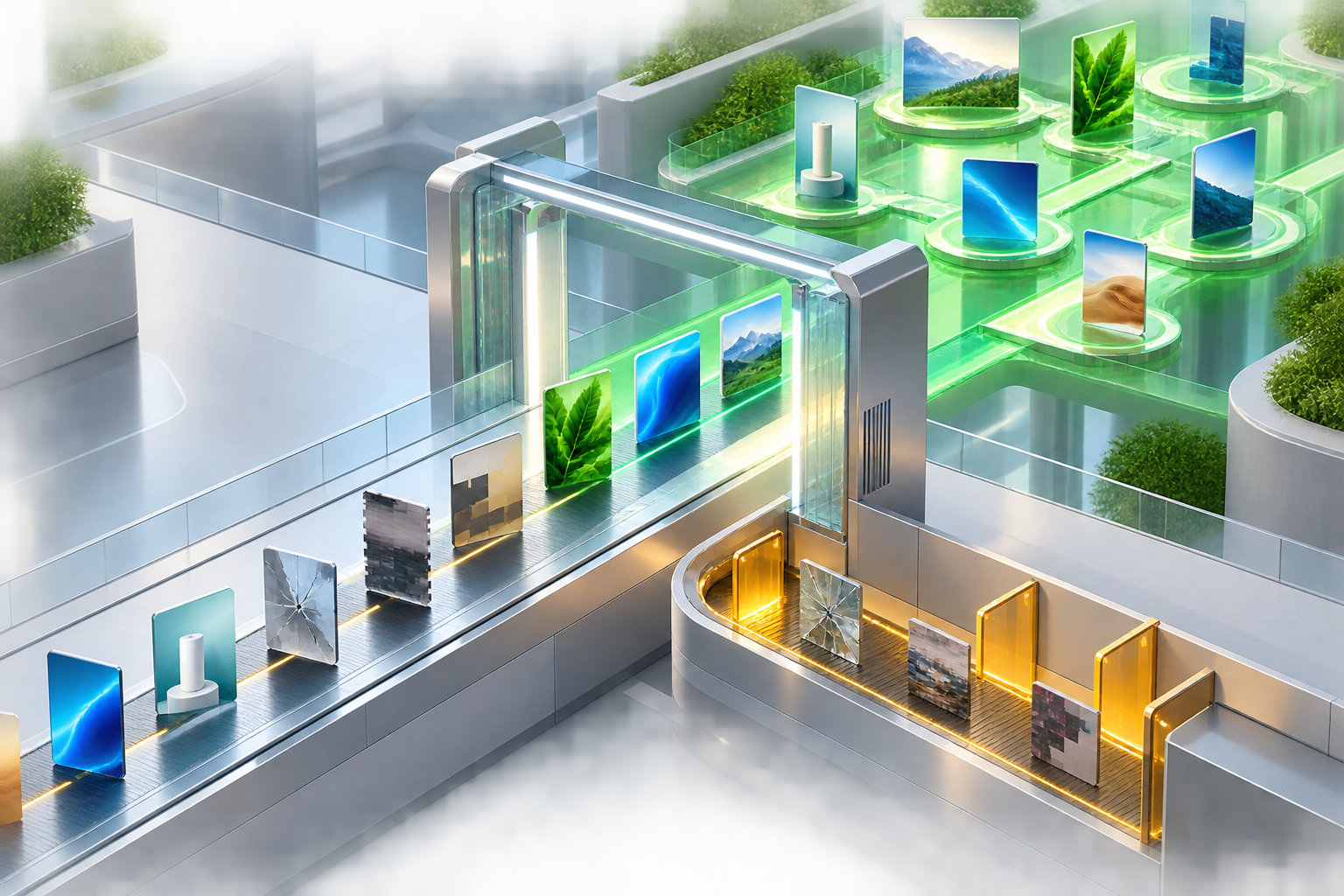 Generic ad assets pass through a transparent eligibility checkpoint, with approved items entering a placement network and others moving to a review lane.