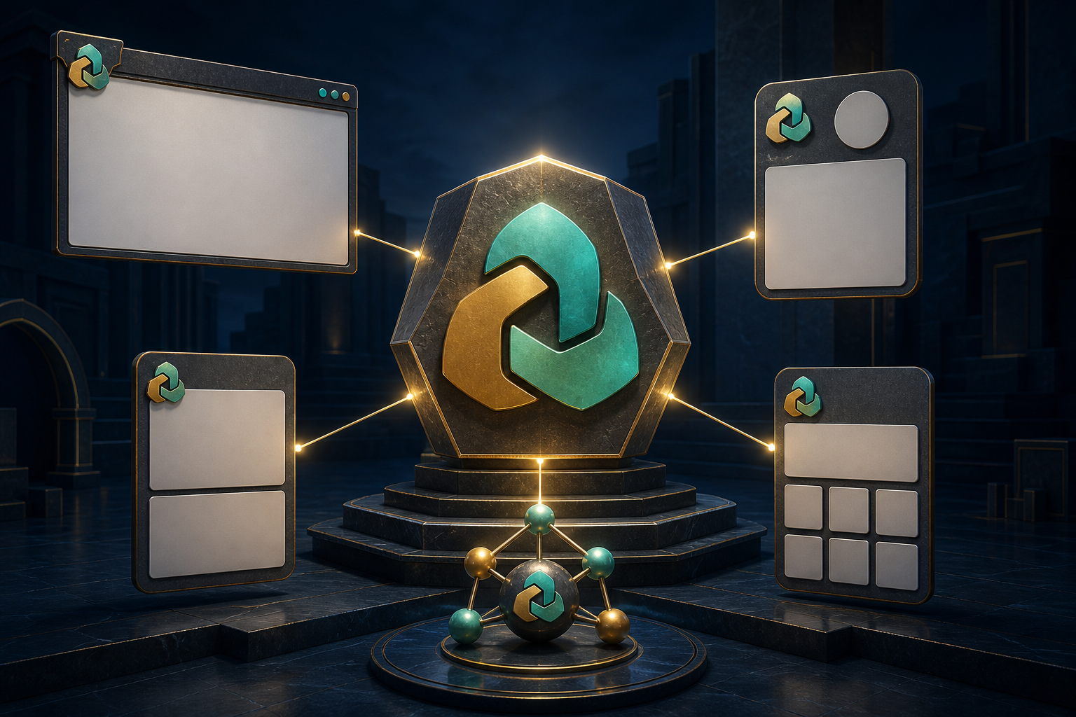 A glowing geometric keystone connects to blank website, profile, product, directory, and knowledge cards that share the same visual motif.