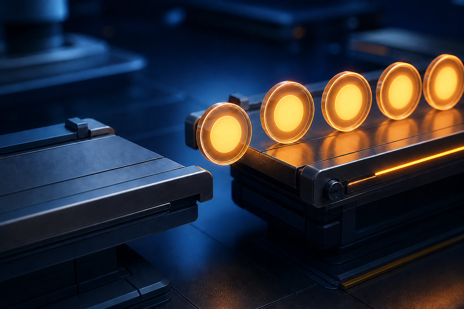 A glowing token stalls between two misaligned workflow platforms while additional tokens wait behind it.