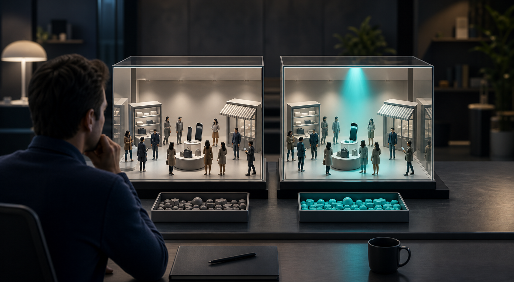 An analyst observes two matching glass test environments, with campaign light applied to one group and the other kept neutral as a control.