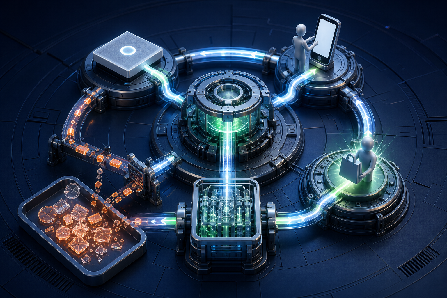 A circular measurement system sends verified customer actions to an automation core while duplicate and low-value signals are filtered out.