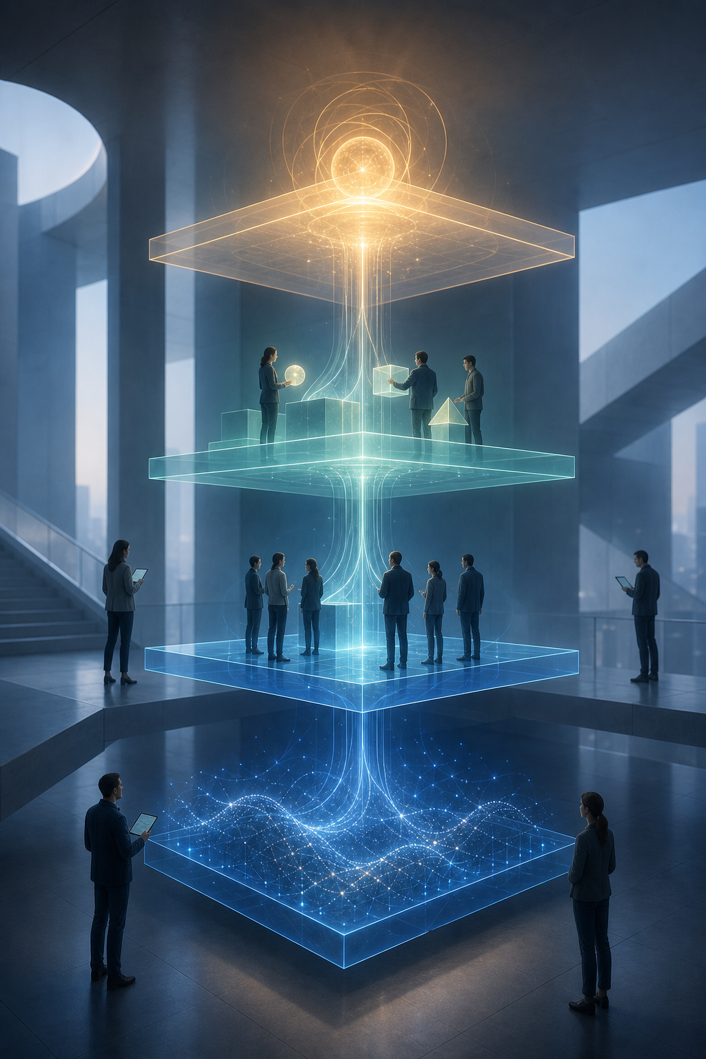 Connected platforms rise from scattered search signals to audience engagement, customer actions, and a glowing business value core.
