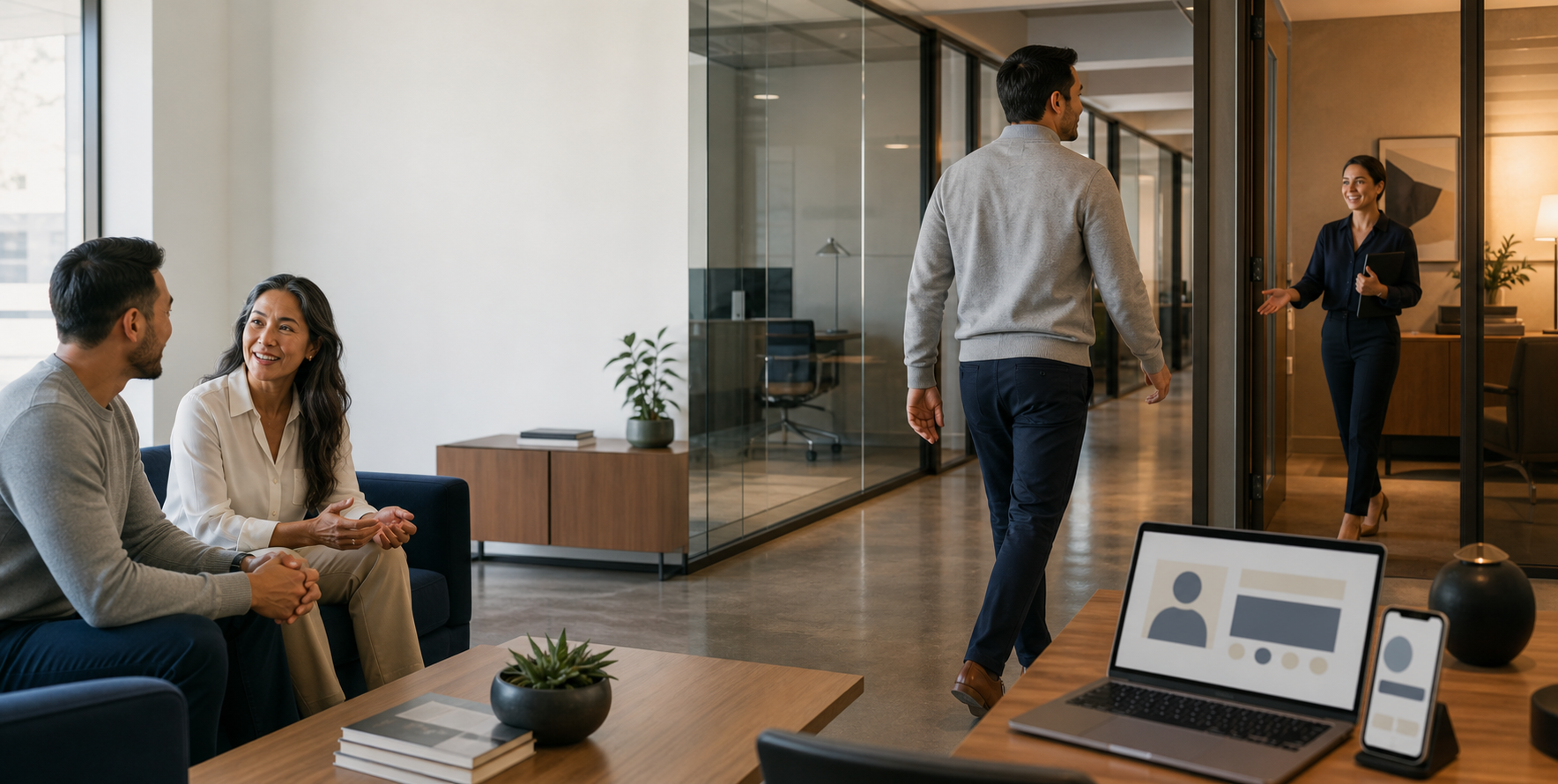 A prospective client follows a referral journey past a laptop and phone toward a welcoming law office while a referrer and intake professional guide the way.