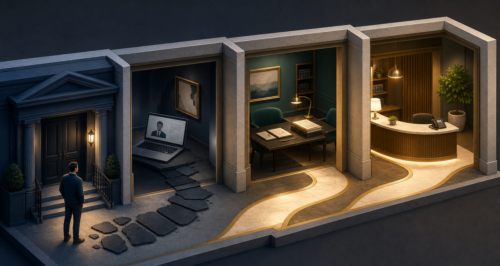 A prospective client moves through four connected spaces representing a firm entrance, lawyer profile, legal consultation and intake desk.