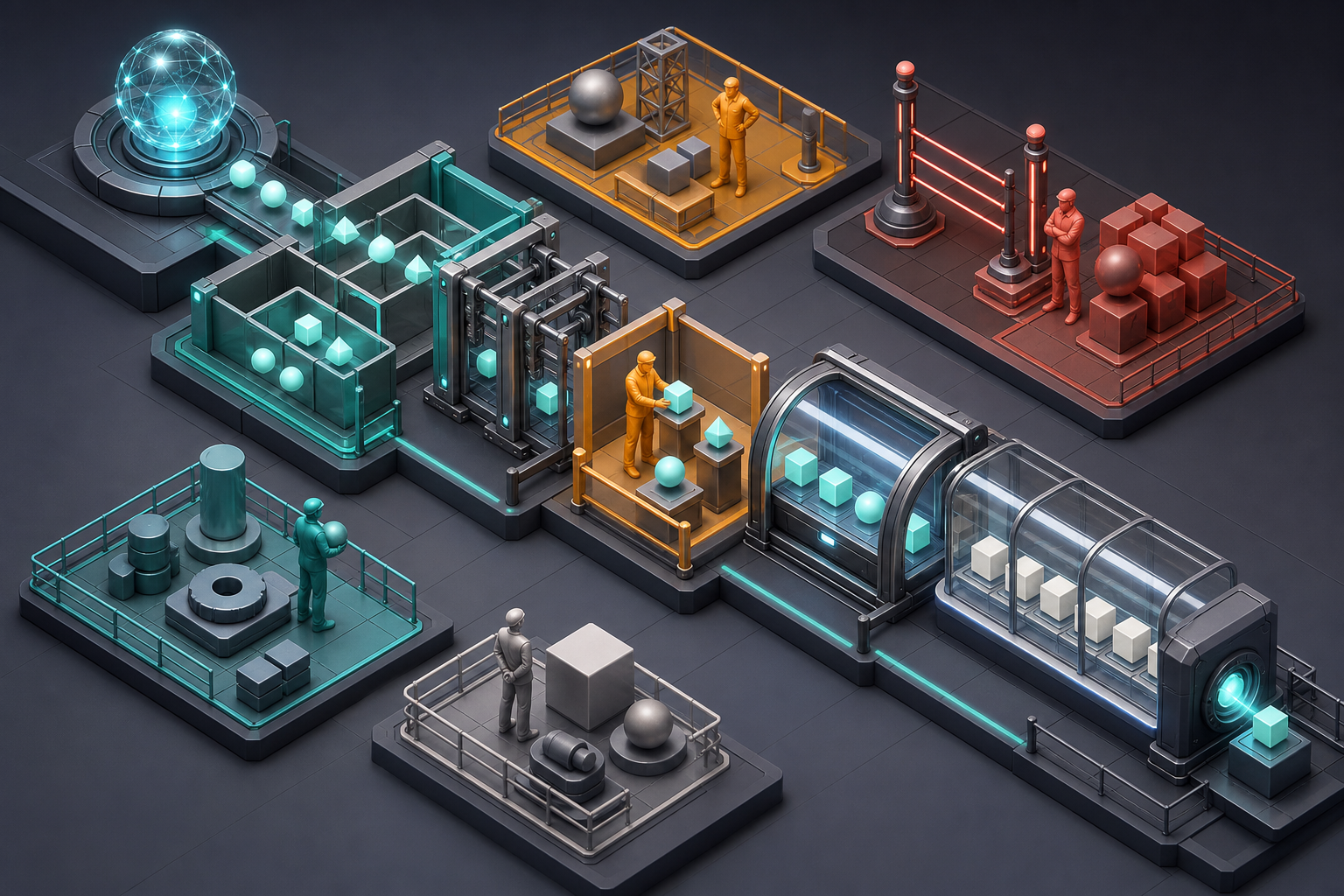 An isometric AI advertising workflow routes action tokens through access controls, validation, human review, staging, and an audit vault while separate teams supervise their areas.