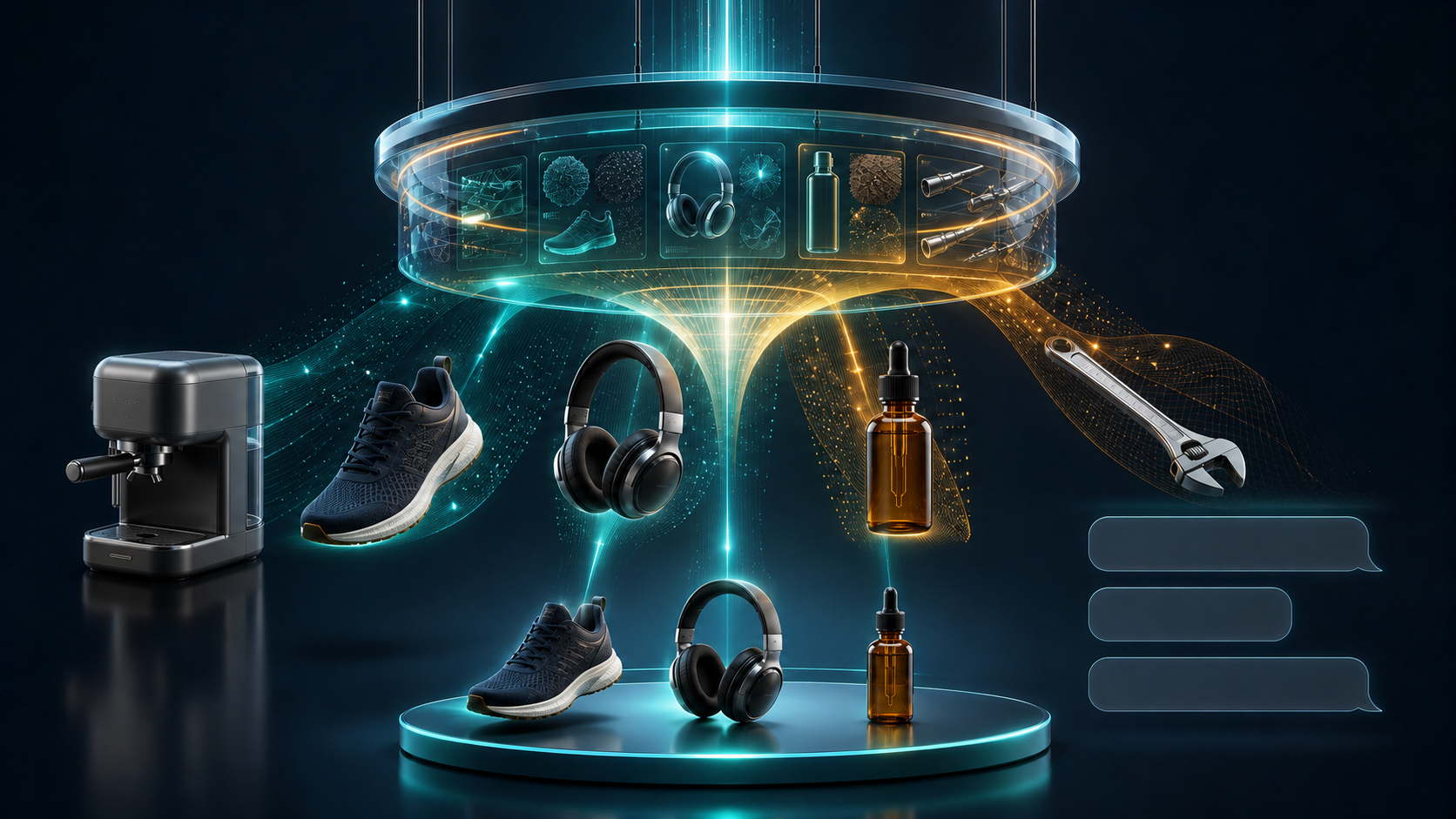 Unbranded consumer products pass through a glowing translucent lens, with three selected items placed on an illuminated platform beside blank chat bubbles.