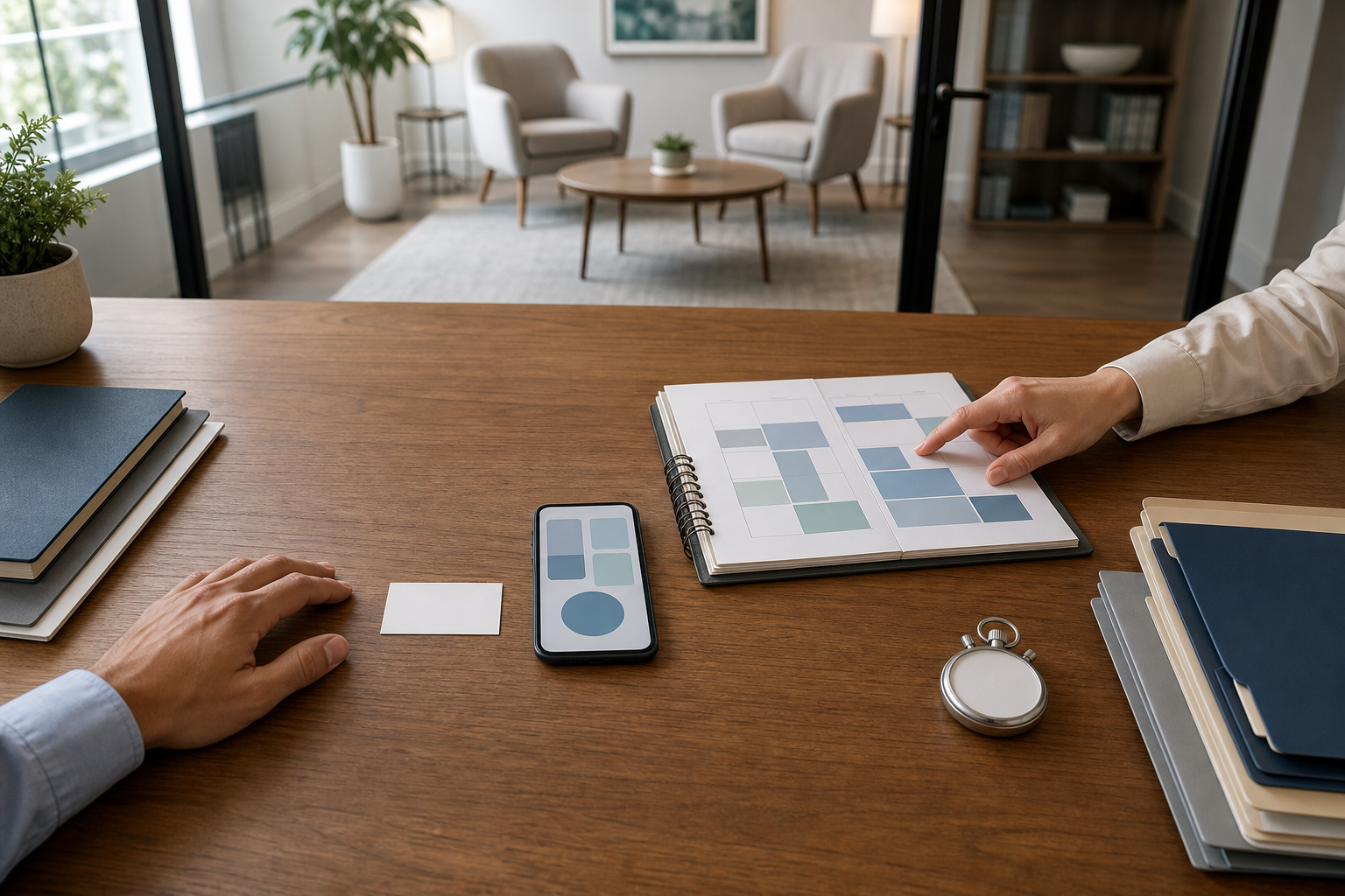 A prospective client and intake specialist use a smartphone and appointment calendar at a tidy desk beside an open consultation room.