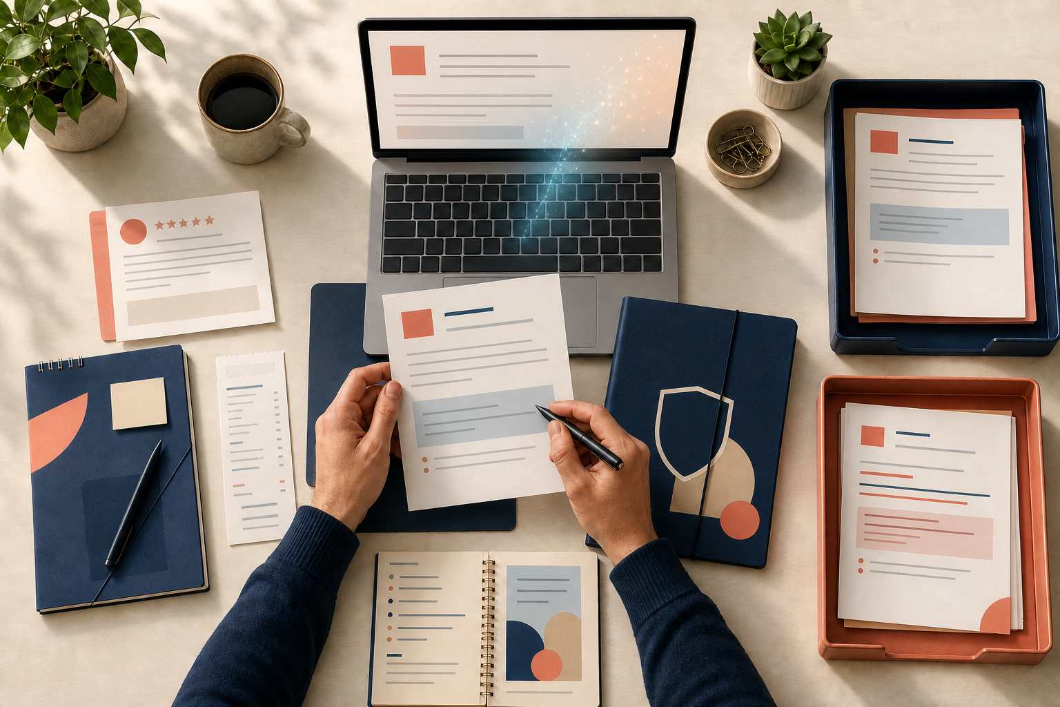 An overhead desk scene shows a customer review moving through AI drafting, fact-checking, privacy review, and human approval.