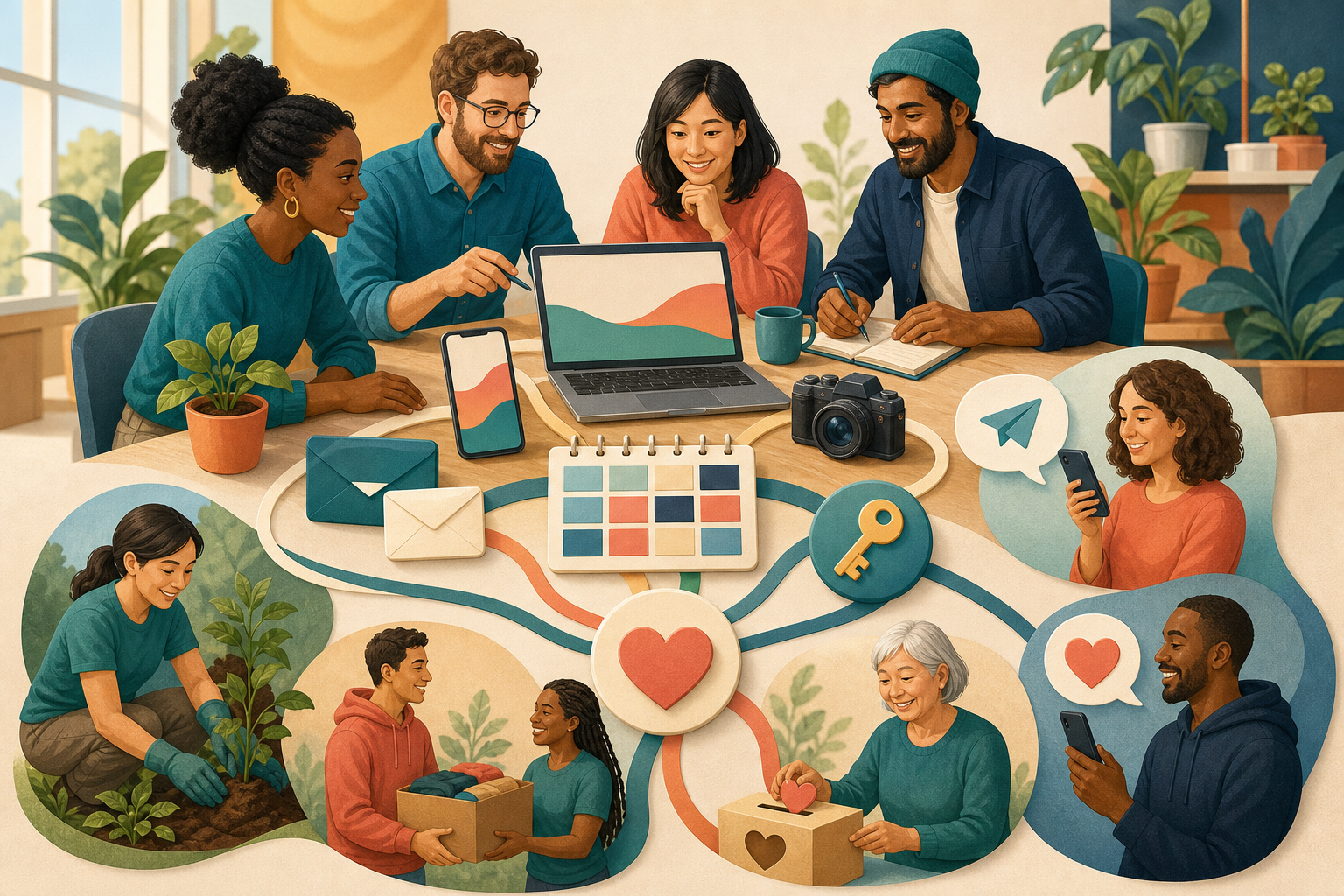 A nonprofit team coordinates digital tools around a desk while connected supporters donate, volunteer, and share.
