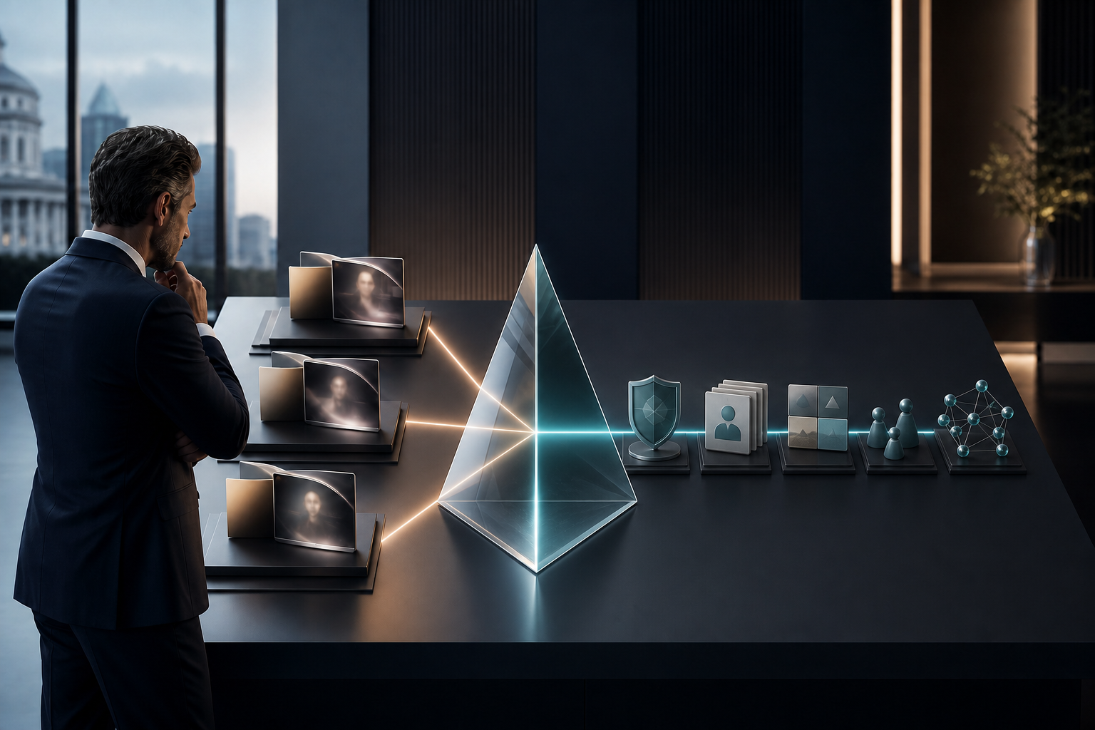 A decision maker compares anonymous agency workstations using evidence symbols for compliance, research, content, leads, and measurement.